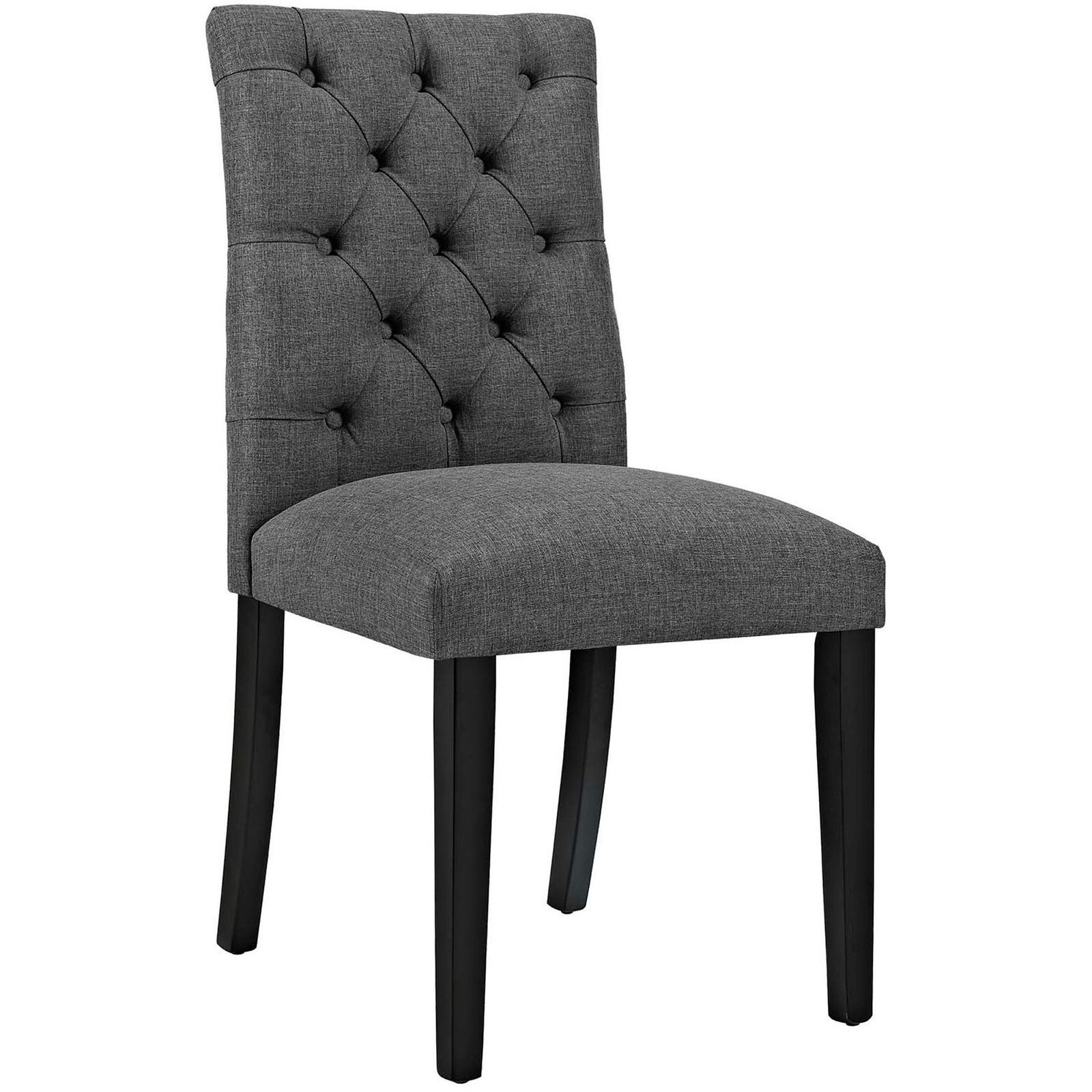 Gray button-tufted dining chair with cushioned seat and dark wood legs || EEI-2231-GRY || front_angle_studio