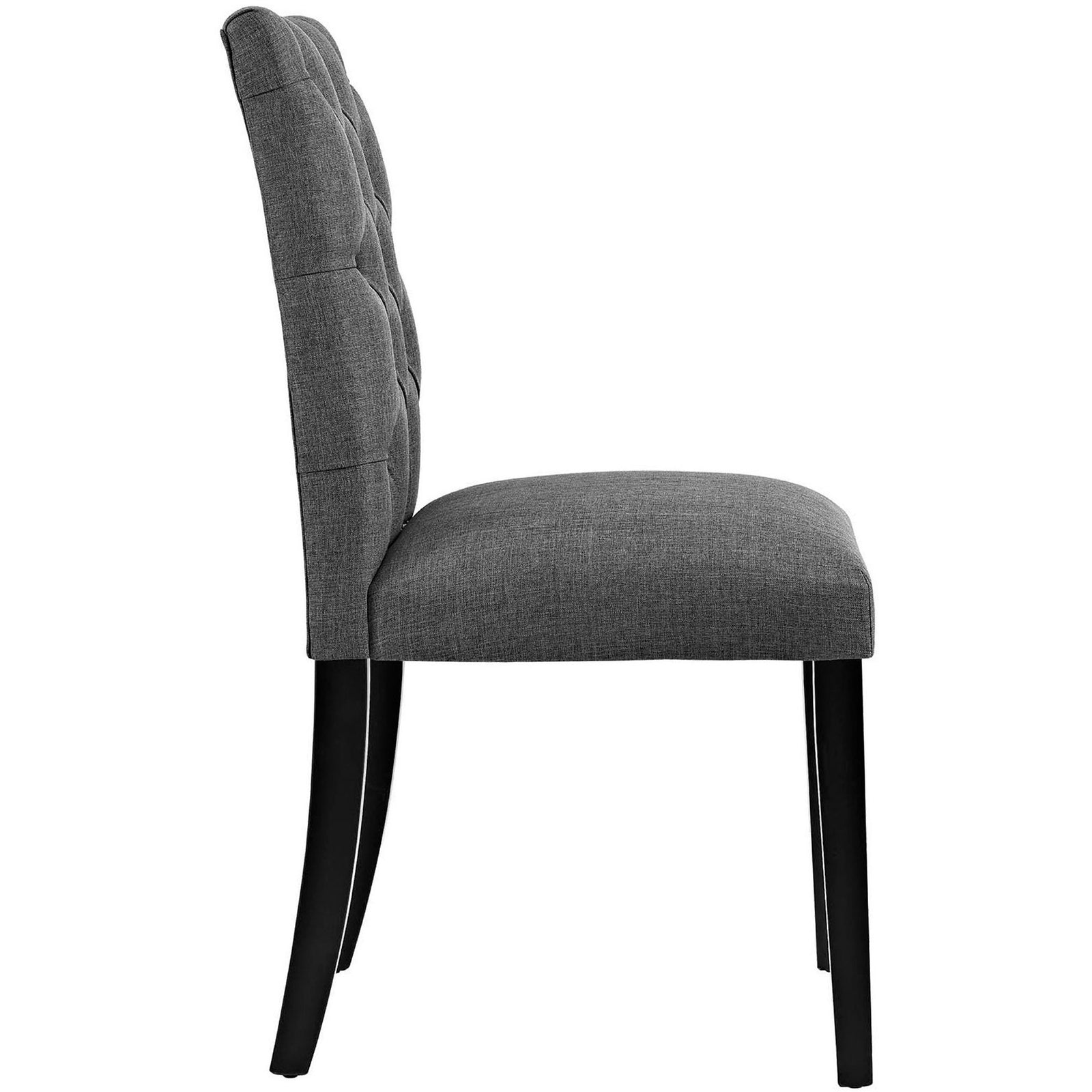 Gray upholstered dining chair with slim cushioned seat and supportive high back || EEI-2231-GRY || side_studio