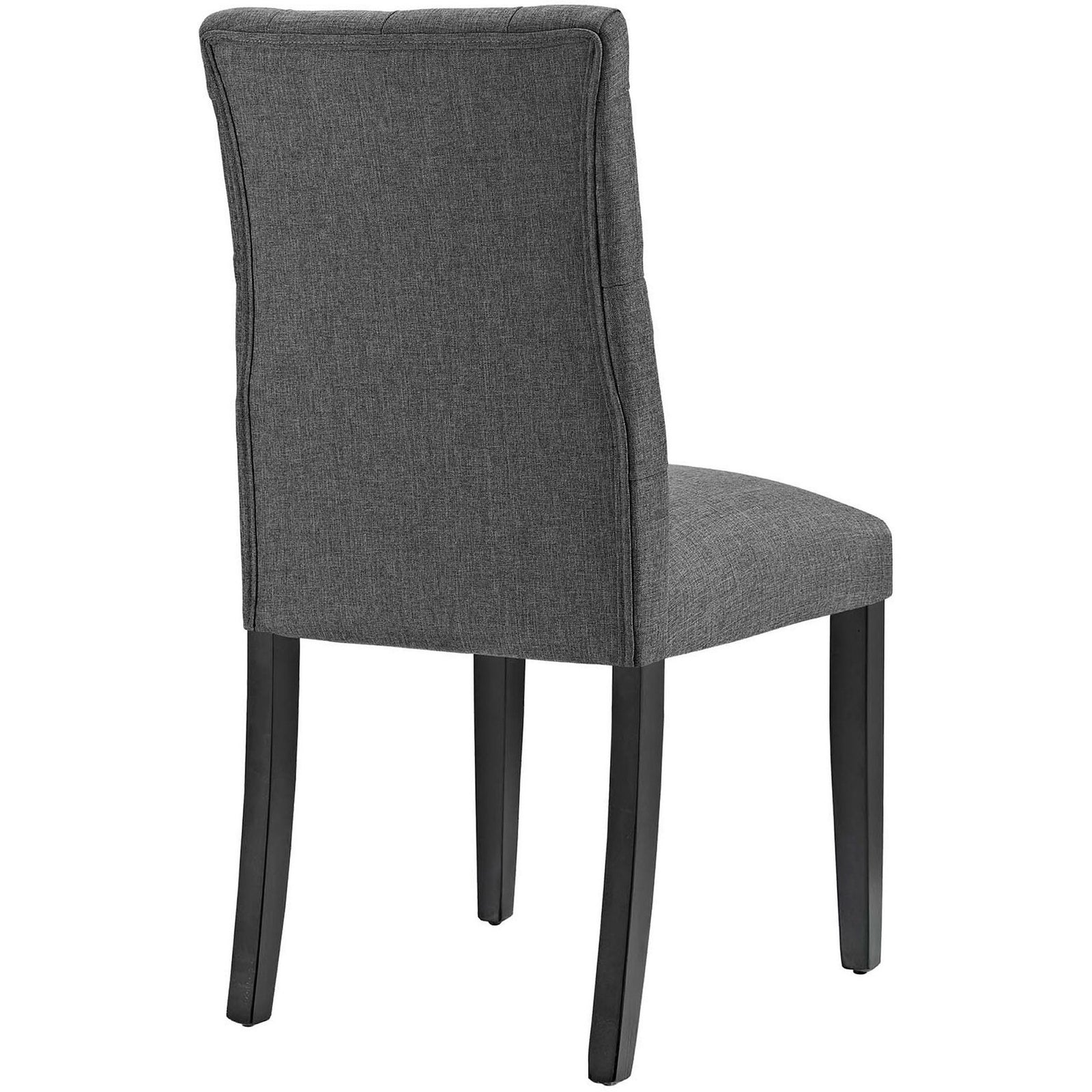 Gray fabric dining chair with gently curved back and dark wood legs || EEI-2231-GRY || back_angle_studio