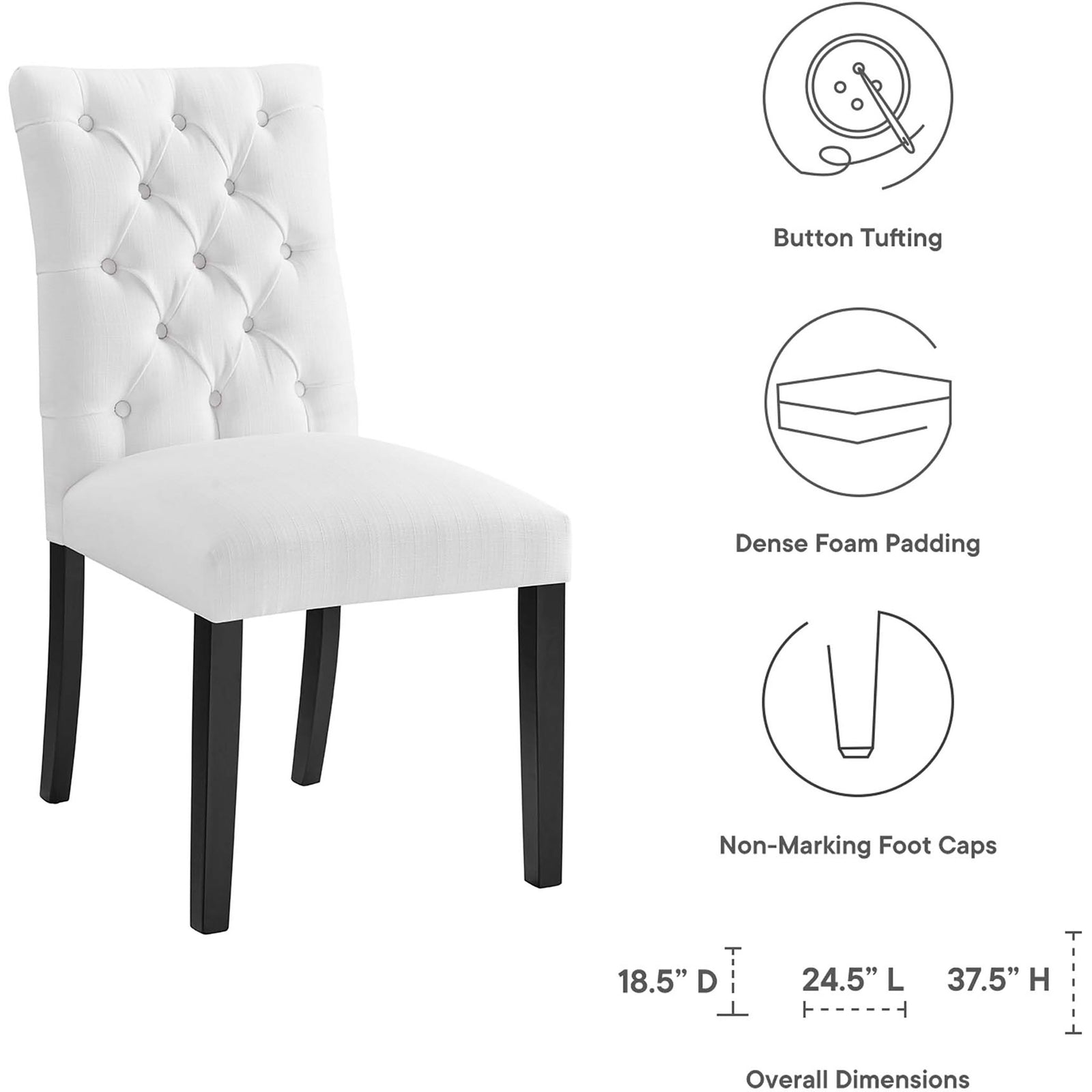 White tufted dining chair with icons calling out button tufting, dense foam, non-marking foot caps, and dimensions || EEI-2231-WHI || dimension_studio
