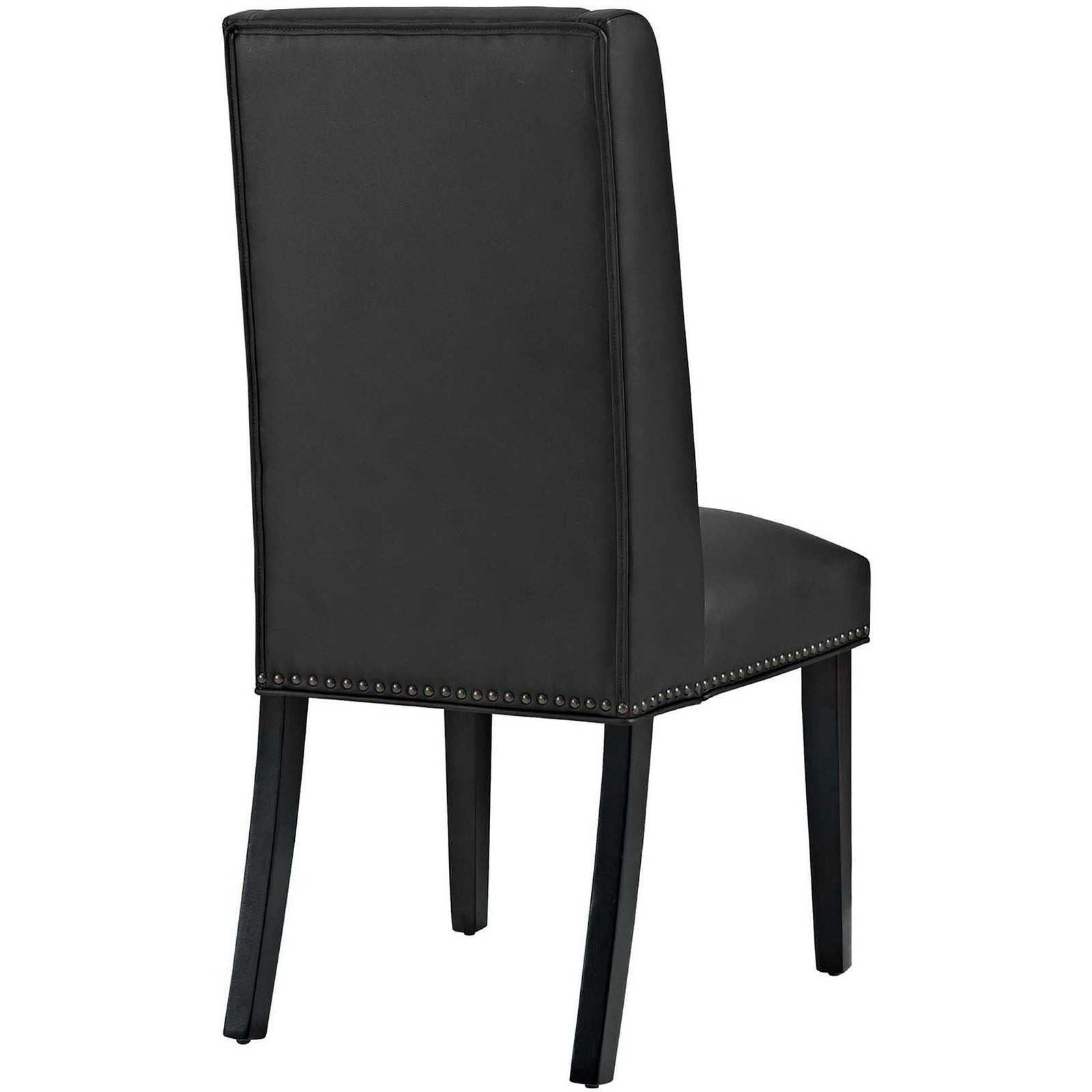 Black vegan leather dining chair with smooth high back, nailhead trim, and four sturdy wood legs || EEI-2232-BLK || back_angle_studio