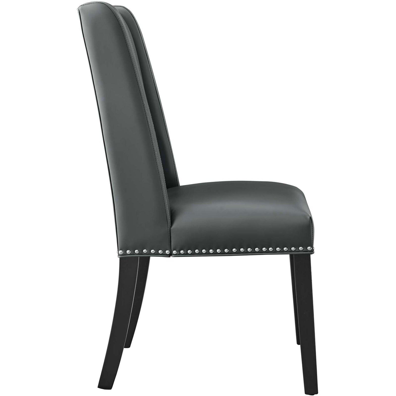 Slim profile gray vegan leather dining chair with thick cushioned seat and tall supportive back || EEI-2232-GRY || side_studio