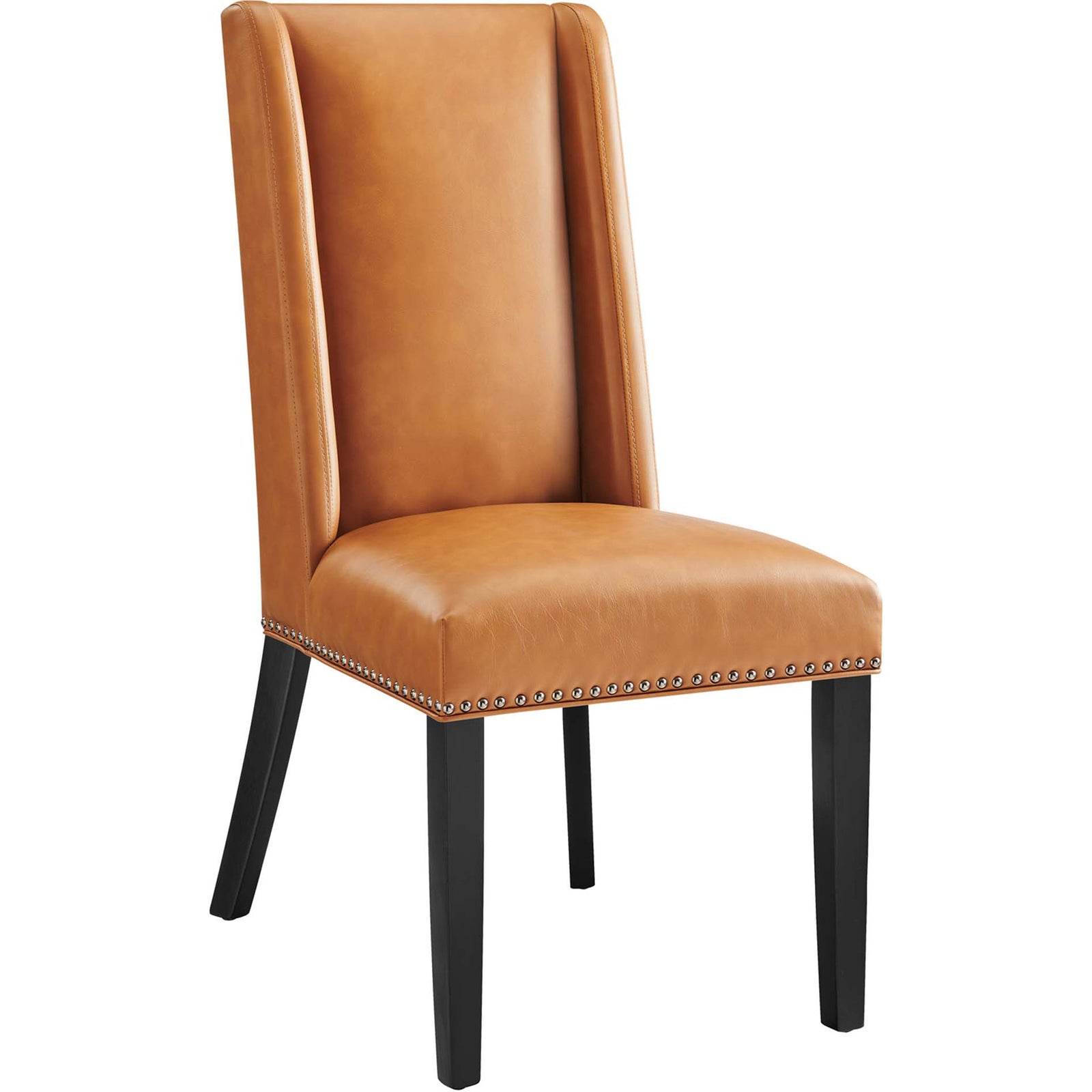 Parsons-style tan vegan leather dining chair brings warm color and clean lines to your table. || EEI-2232-TAN || front_angle_studio