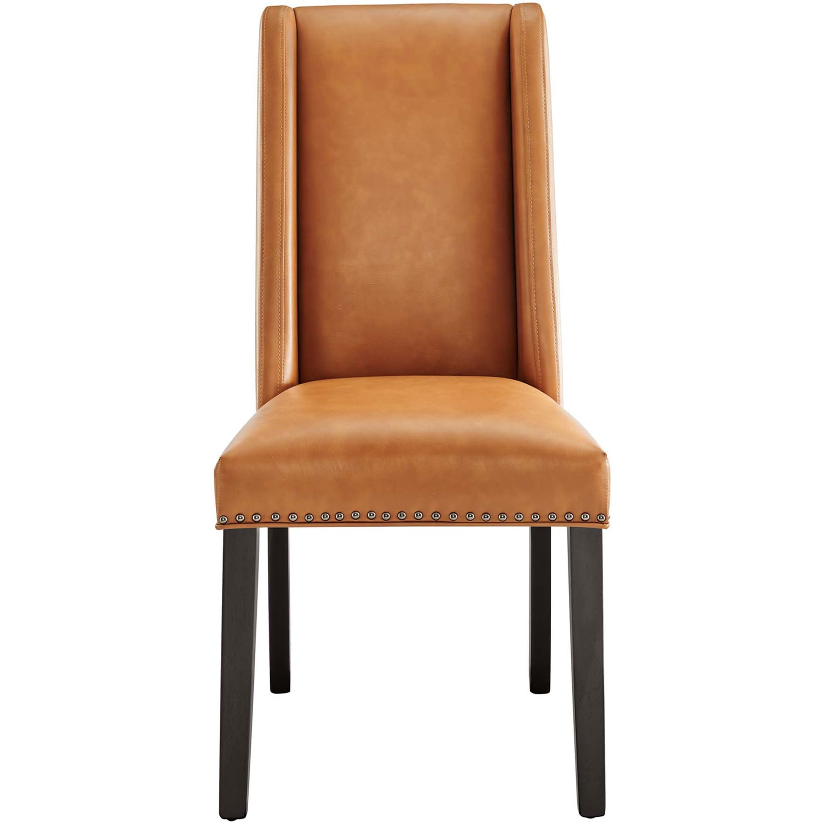 Tan vegan leather dining chair with tall wingback, nailhead trim, and dark wood legs. || EEI-2232-TAN || front_studio