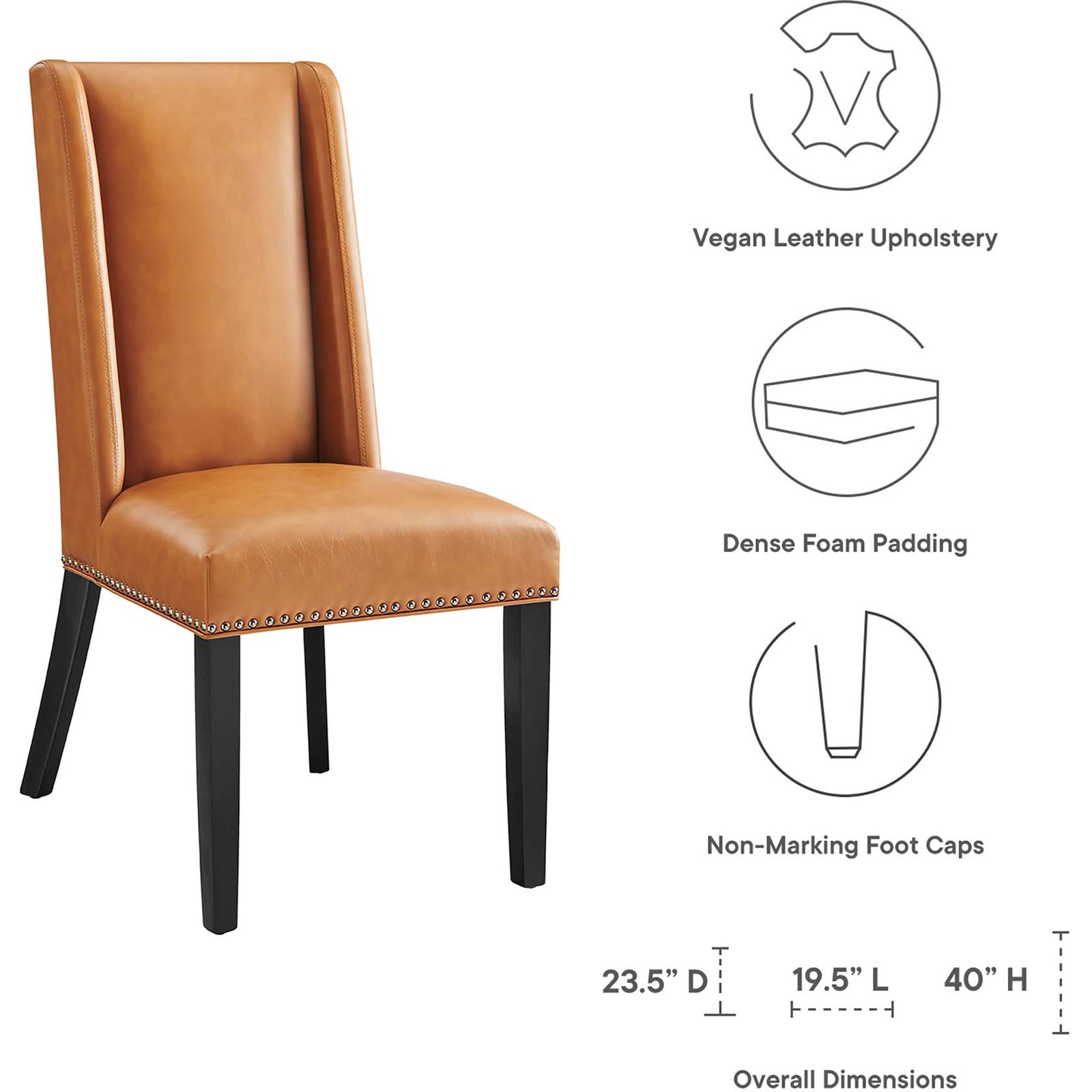Feature icons and overall dimensions highlight the vegan leather upholstery and cushioned comfort. || EEI-2232-TAN || dimension_studio