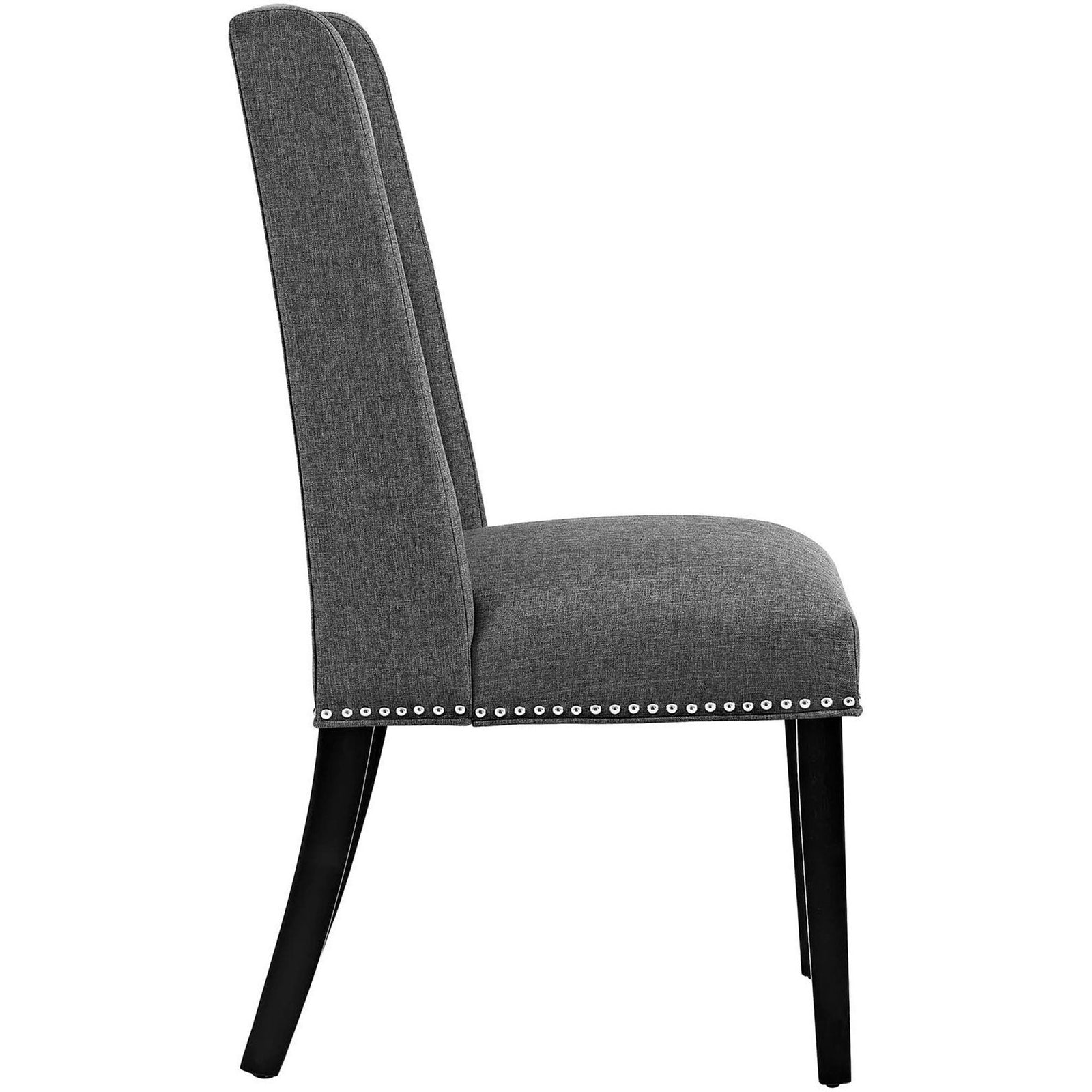 Plush gray dining chair with smooth cushioned seat, slim profile, and sturdy dark wood legs. || EEI-2233-GRY || side_studio