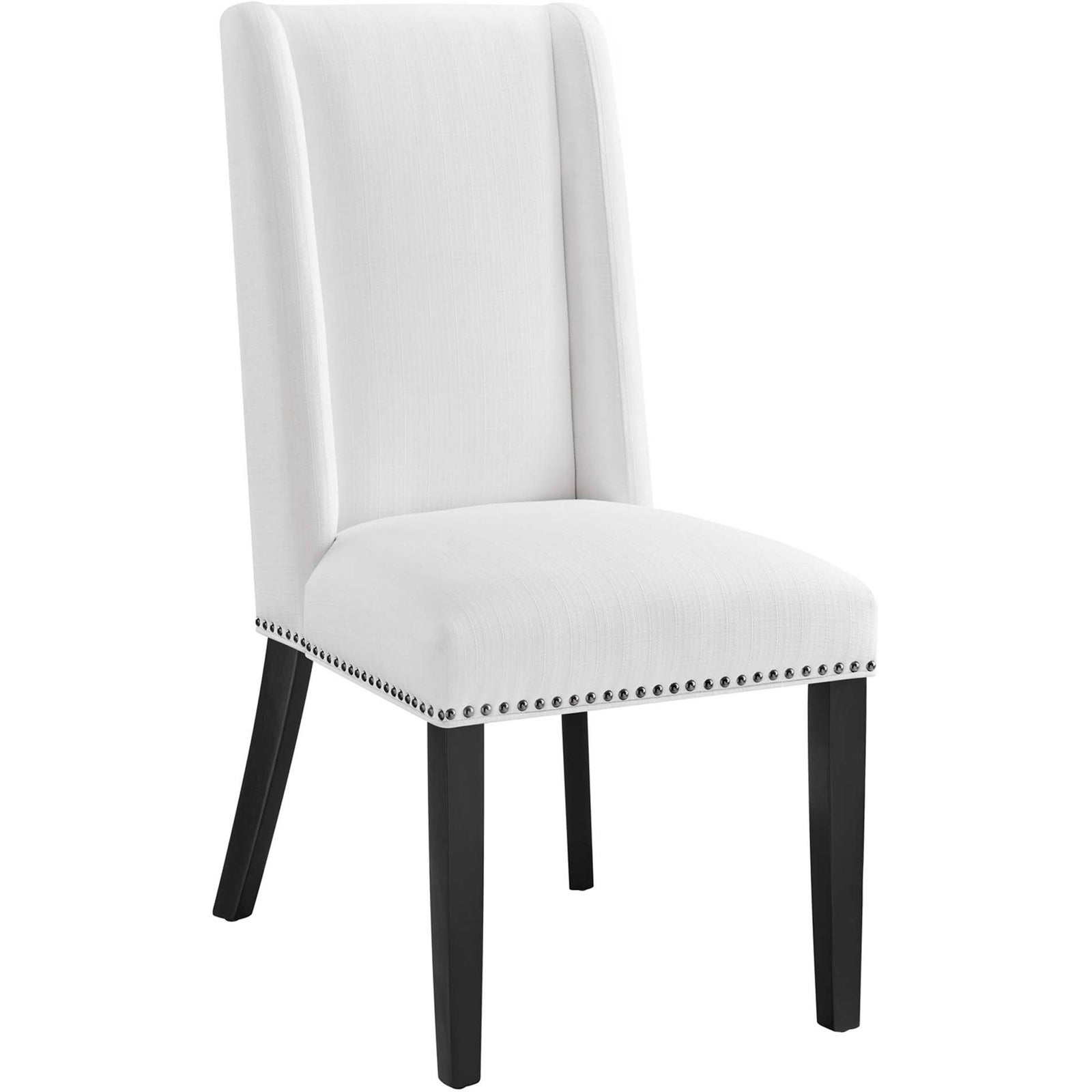 White fabric dining chair with tall wingback silhouette and nailhead trim on black wood legs || EEI-2233-WHI || front_angle_studio