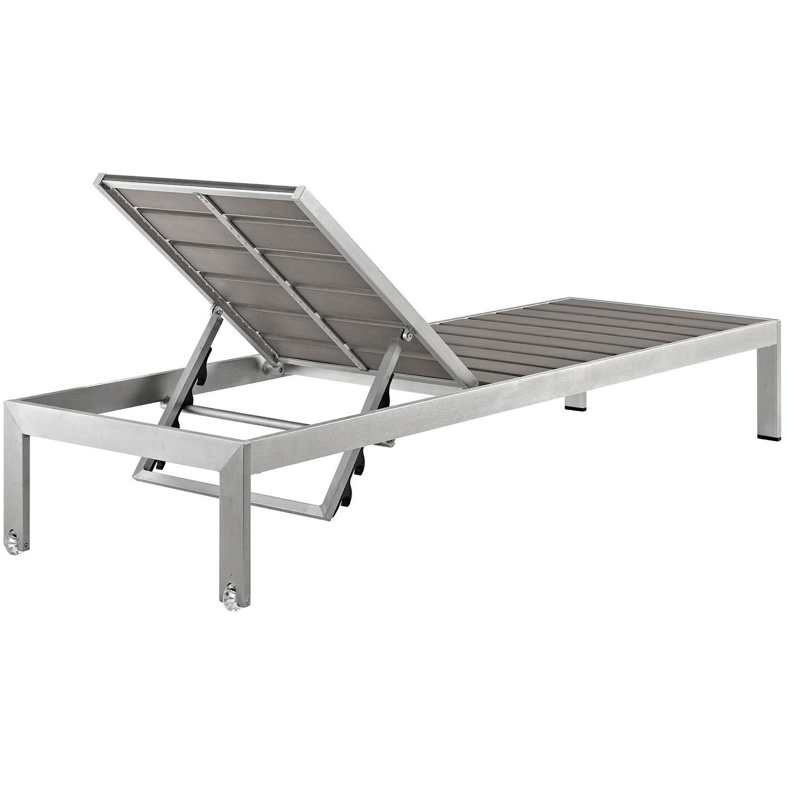 Gray slatted Shore chaise featuring an adjustable backrest and sturdy support structure || EEI-2247-SLV-GRY || back_angle_studio