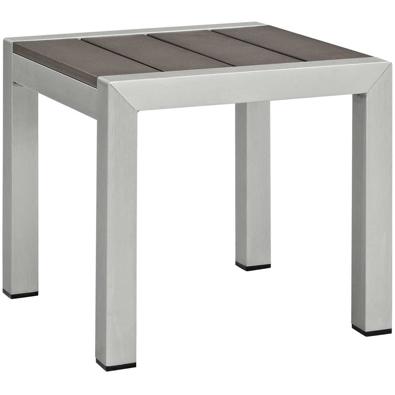 Sleek outdoor side table with brushed aluminum frame and charcoal gray wood-look slats || EEI-2248-SLV-GRY || front_angle_studio