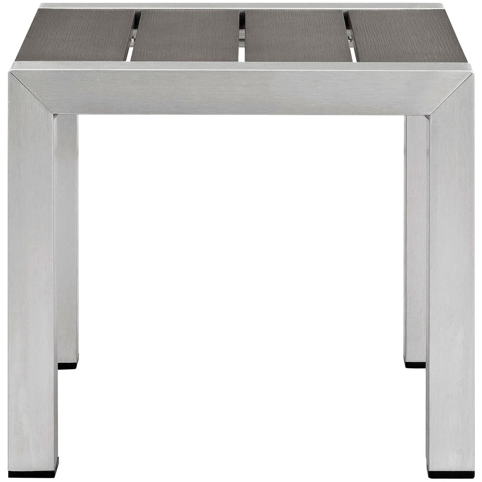 Modern silver aluminum patio side table with gray slatted top and clean square legs || EEI-2248-SLV-GRY || front_studio
