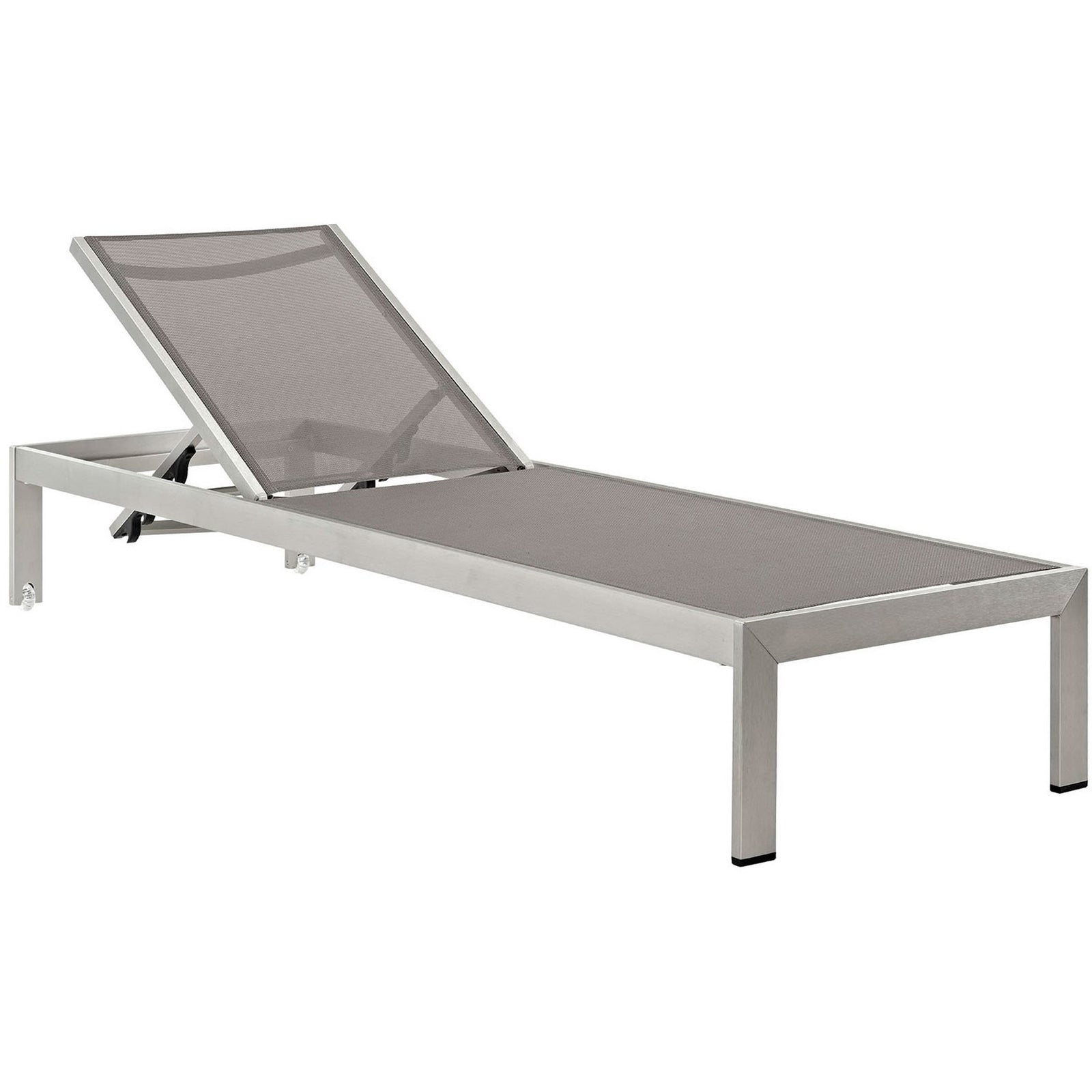 Sleek silver aluminum chaise with breathable gray mesh sling for contemporary outdoor lounging || EEI-2249-SLV-GRY || front_angle_studio