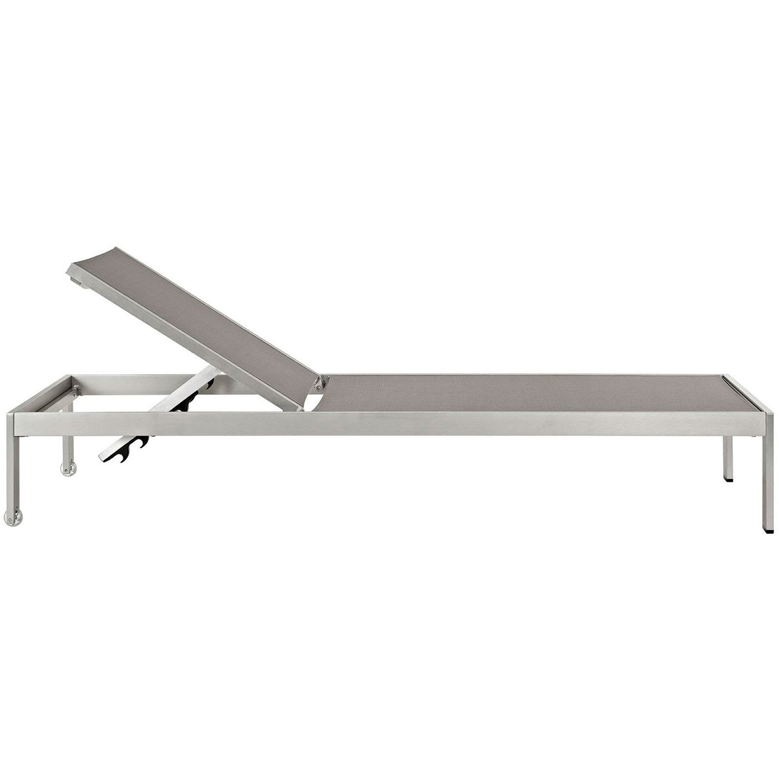 Gray mesh outdoor chaise with slim silhouette, smooth wheels, and protective foot caps || EEI-2249-SLV-GRY || side_studio