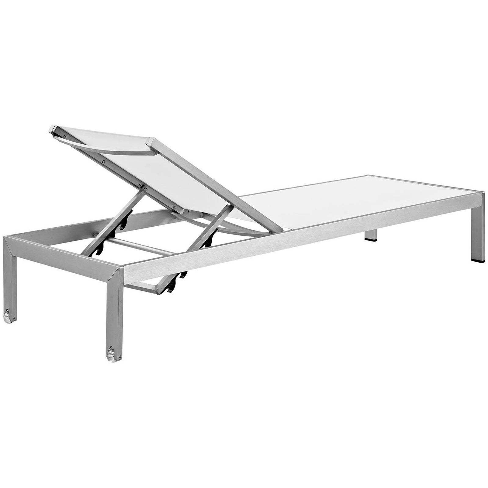 White mesh Shore chaise showcasing the adjustable back and clean lined aluminum base || EEI-2249-SLV-WHI || back_angle_studio