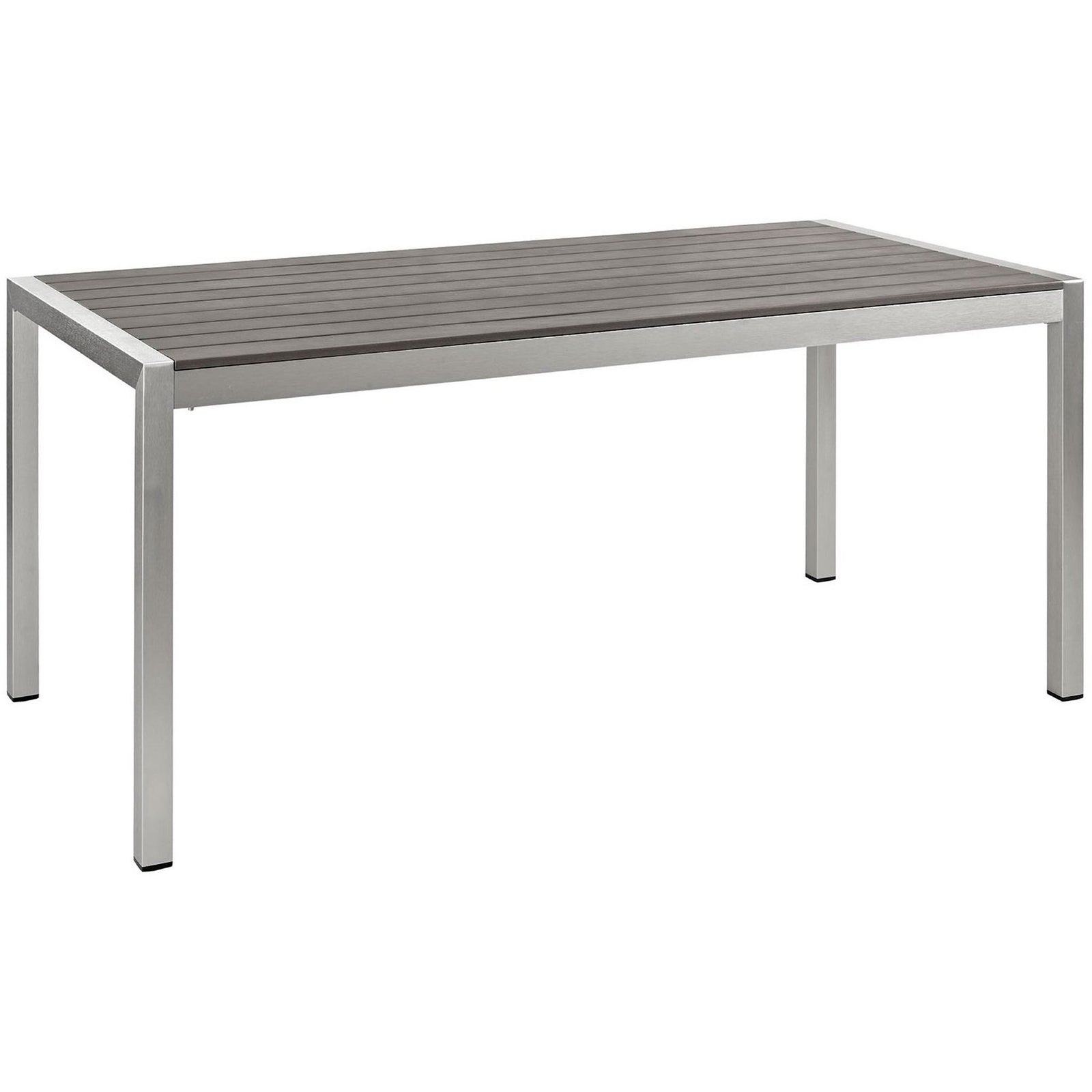 Sleek rectangular patio dining table with silver aluminum legs and gray slatted wood-look top || EEI-2251-SLV-GRY || front_angle_studio