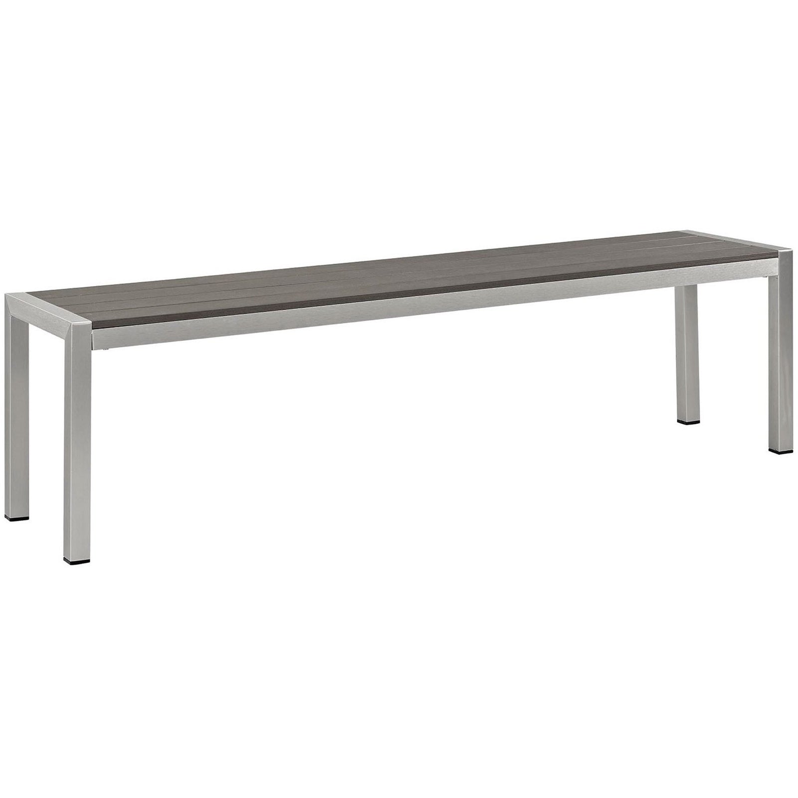Sleek silver gray patio bench with slatted wood-look top and sturdy aluminum frame || EEI-2252-SLV-GRY || front_angle_studio