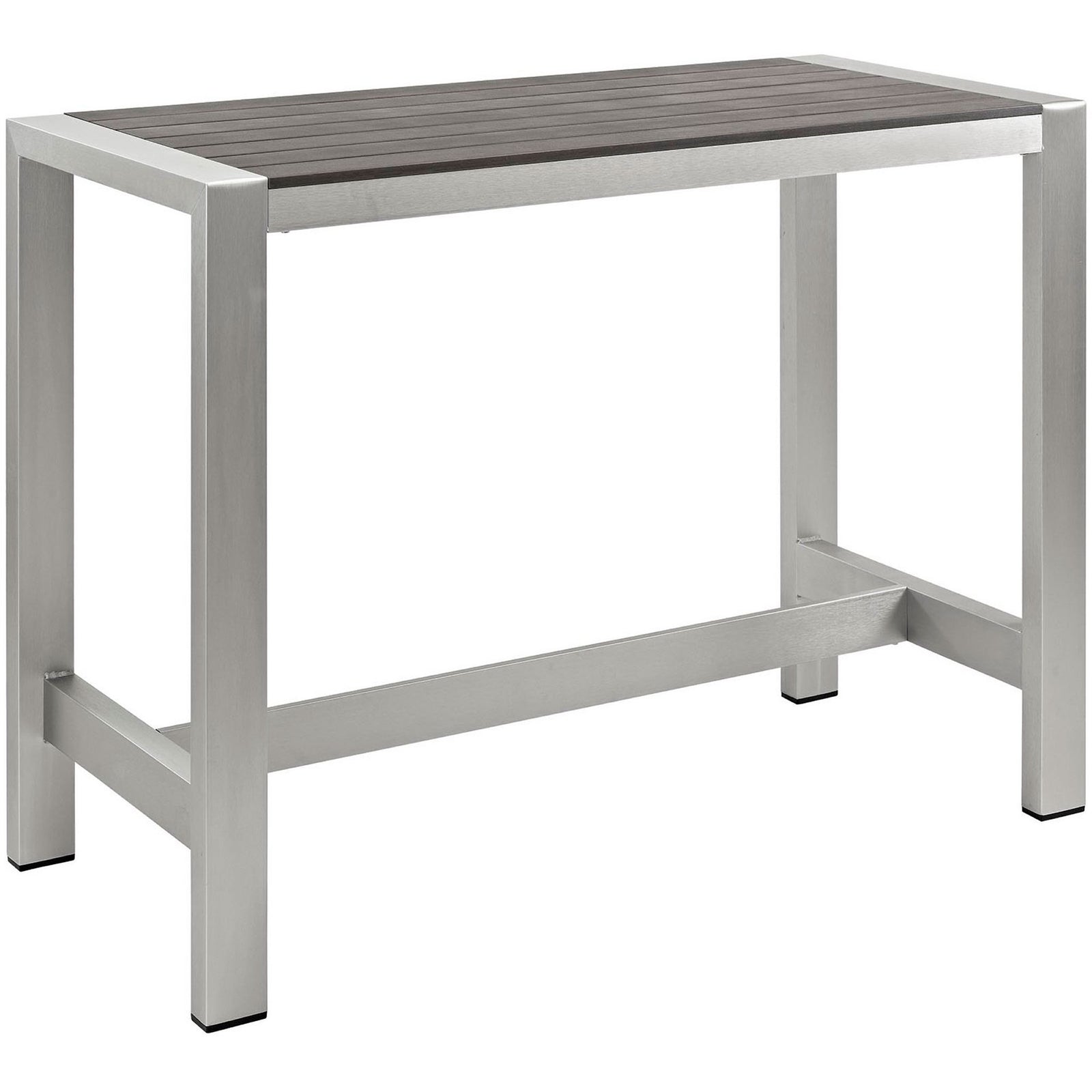 Rectangular aluminum patio bar table with sturdy legs and gray slatted tabletop. || EEI-2253-SLV-GRY || front_angle_studio
