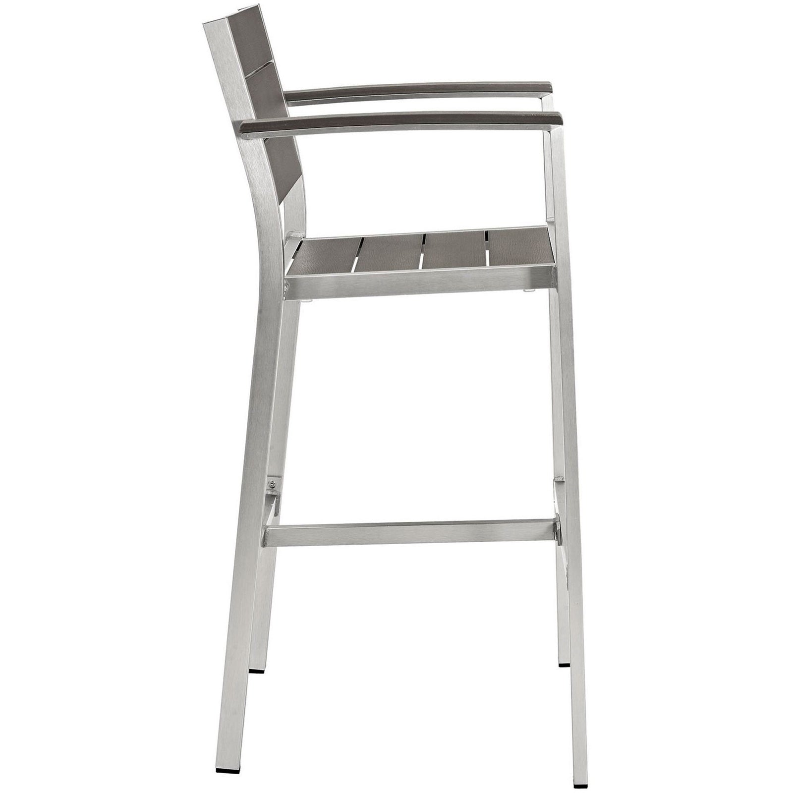 Side view of armrest bar stool showing slim legs, integrated footrest, and gently curved back profile || EEI-2254-SLV-GRY || side_studio