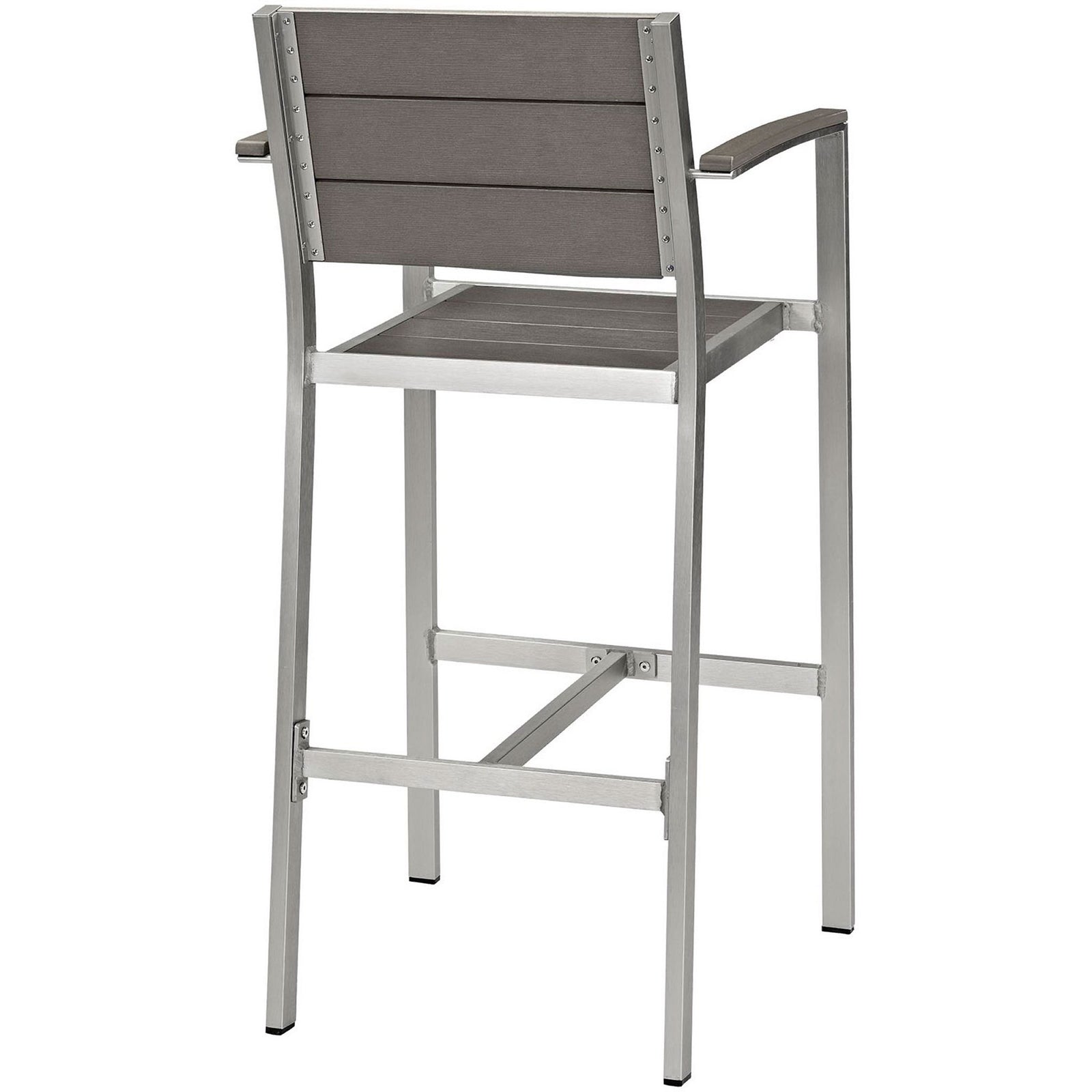 Back view of outdoor bar stool emphasizing horizontal gray slats and sturdy aluminum frame || EEI-2254-SLV-GRY || back_angle_studio