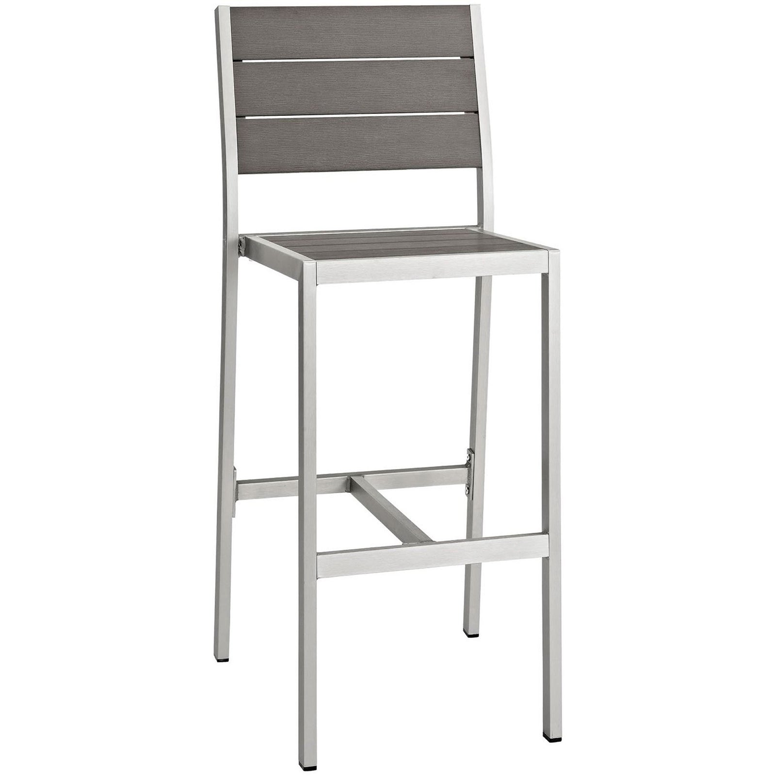Armless silver gray patio bar stool with sleek aluminum frame and slatted wood-look seat and back || EEI-2255-SLV-GRY || front_angle_studio