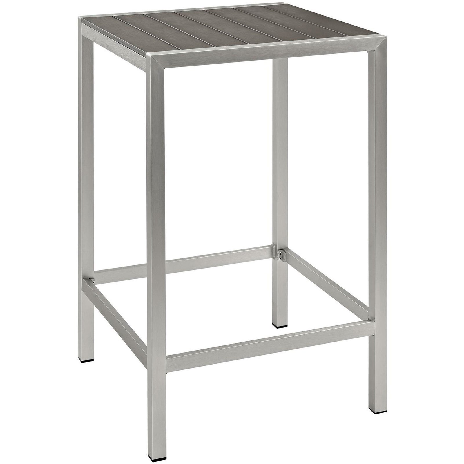 Slim aluminum bar table for outdoor patios with sturdy legs and gray slatted tabletop. || EEI-2256-SLV-GRY || front_angle_studio