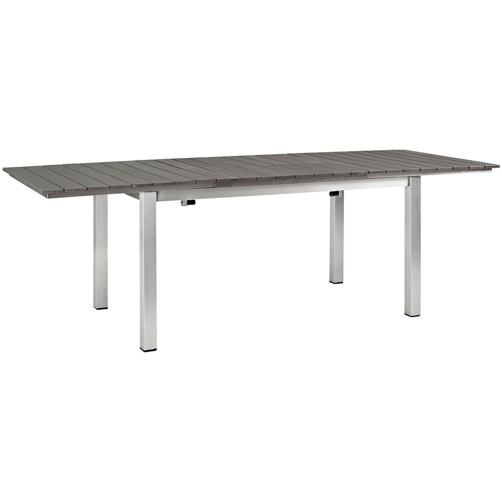 Extendable patio dining table shown fully lengthened with silver frame and gray plank-style top || EEI-2257-SLV-GRY || front_angle_converted_studio