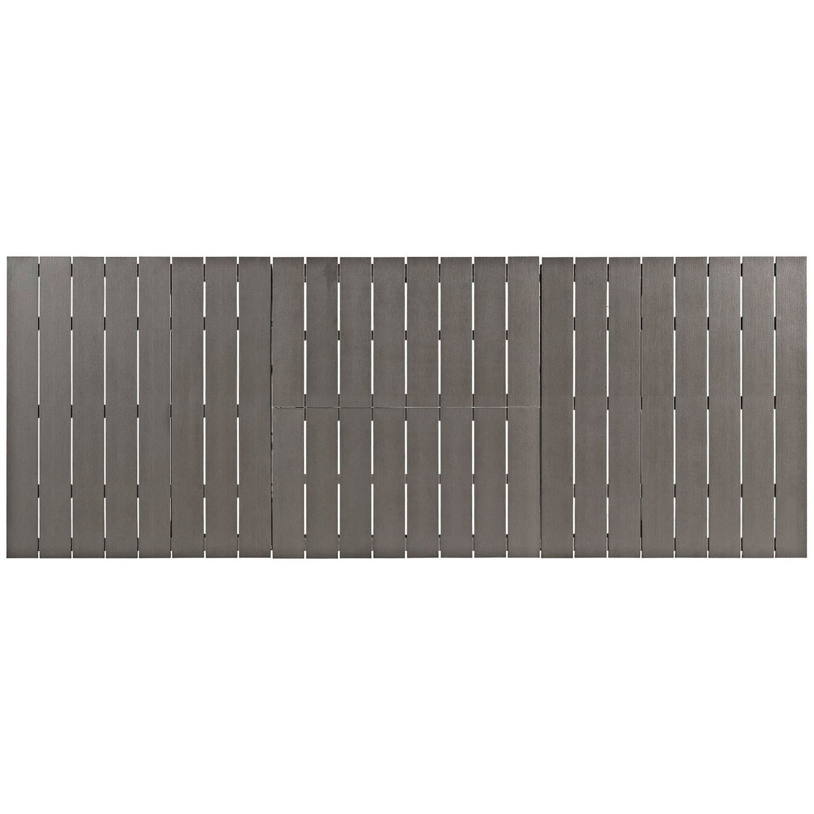 Fully extended gray plank tabletop offering an expansive surface for outdoor entertaining || EEI-2257-SLV-GRY || top_converted_studio