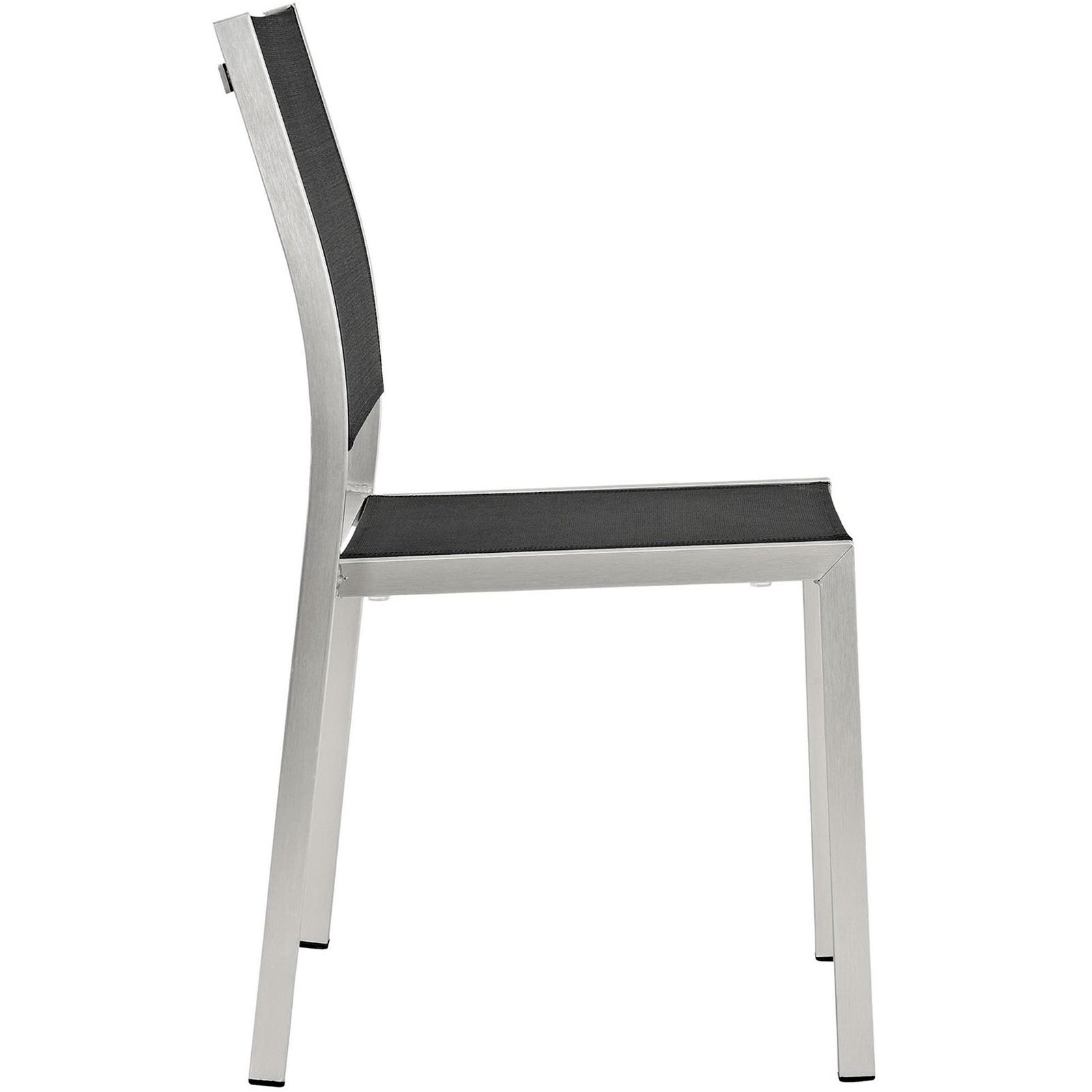 Profile of the Shore side chair showing gently curved mesh back and seat. || EEI-2259-SLV-BLK || side_studio