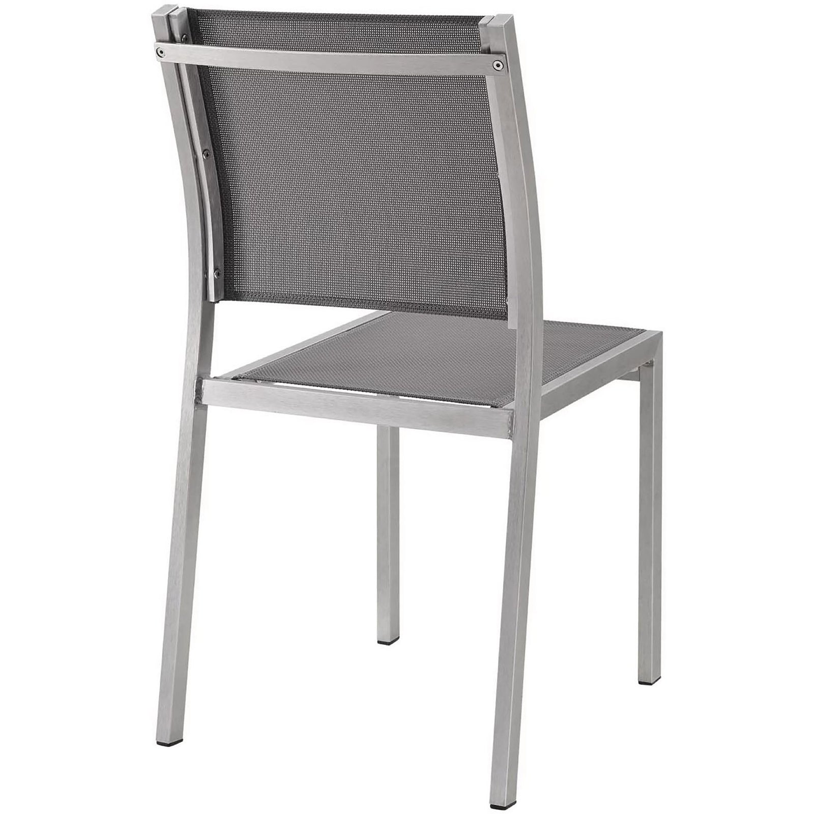Rear view of gray mesh outdoor side chair with sturdy silver metal frame. || EEI-2259-SLV-GRY || back_studio
