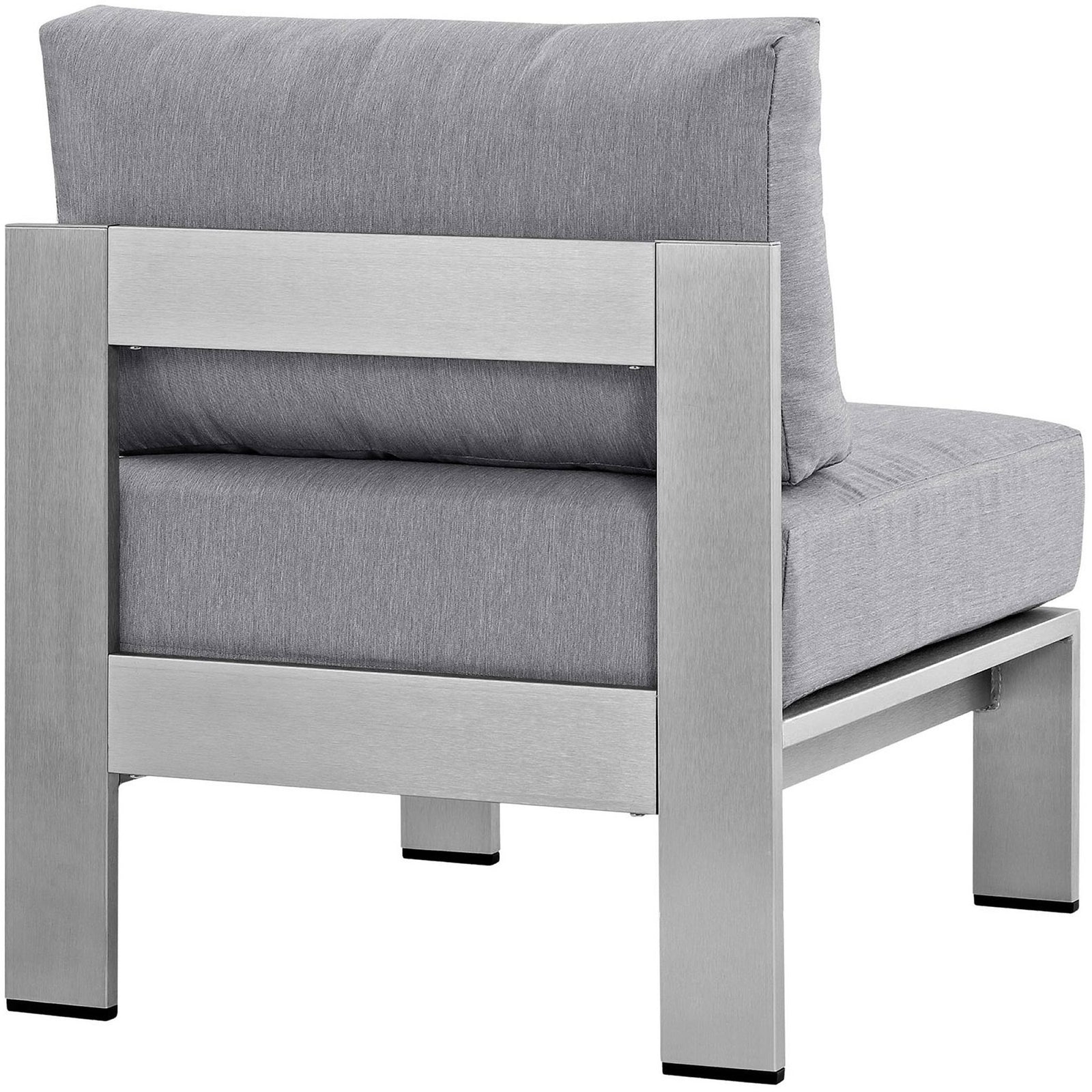 Simple strap backrest and tailored cushions give this armless patio chair a sleek look || EEI-2263-SLV-GRY || back_angle_studio