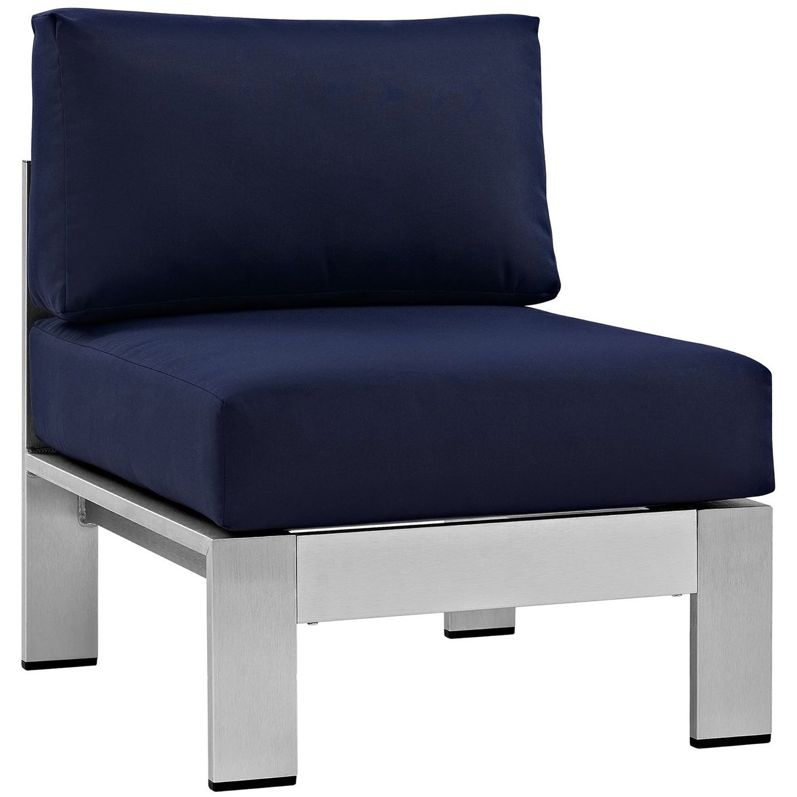 Silver navy armless patio chair with boxy cushions and a brushed aluminum frame || EEI-2263-SLV-NAV || front_angle_studio