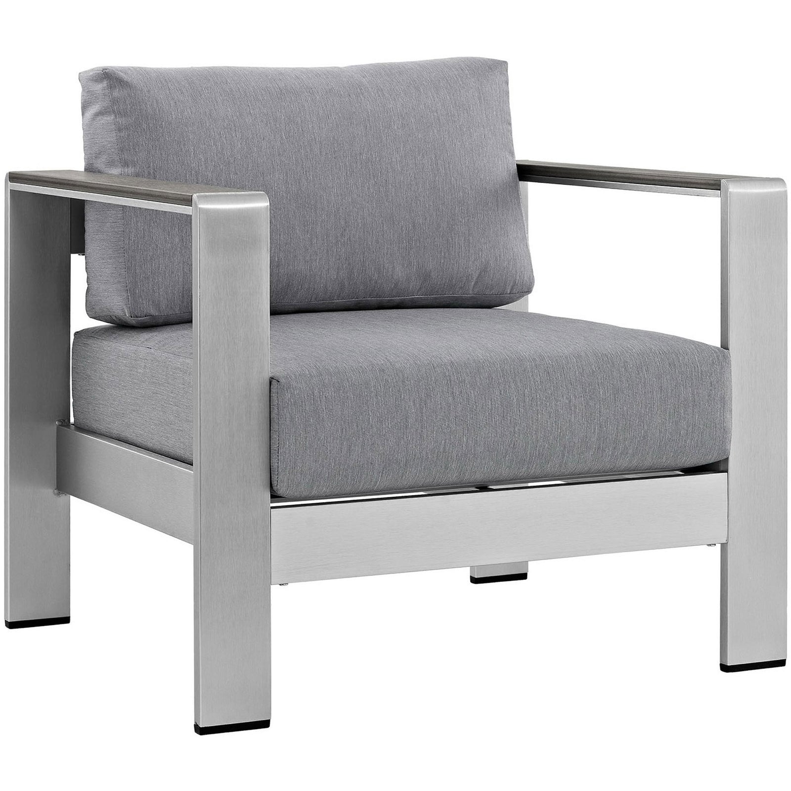 Silver gray outdoor aluminum armchair with thick cushions and clean, modern lines || EEI-2266-SLV-GRY || front_angle_studio