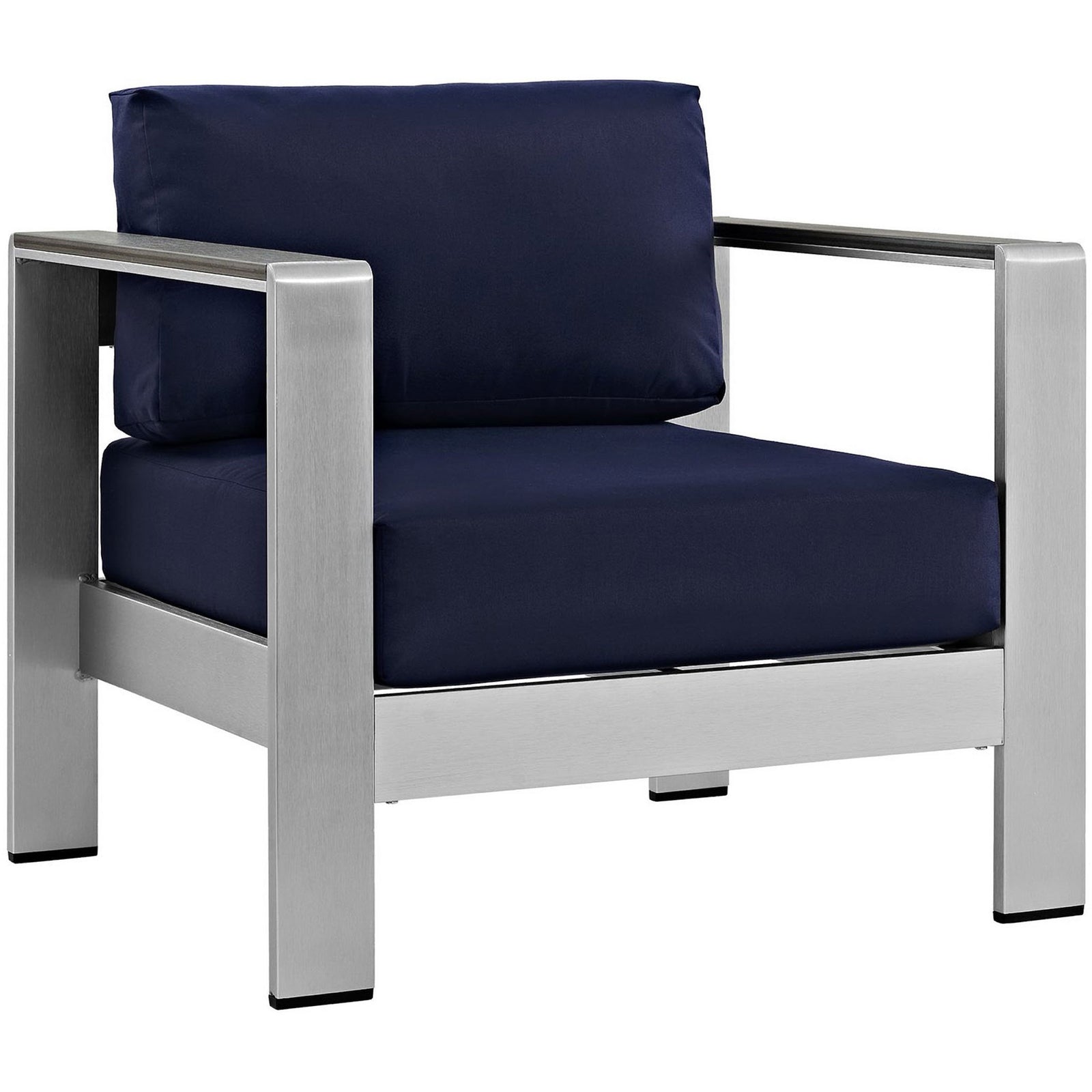 Silver navy outdoor aluminum armchair with deep cushions for modern patio seating || EEI-2266-SLV-NAV || front_angle_studio
