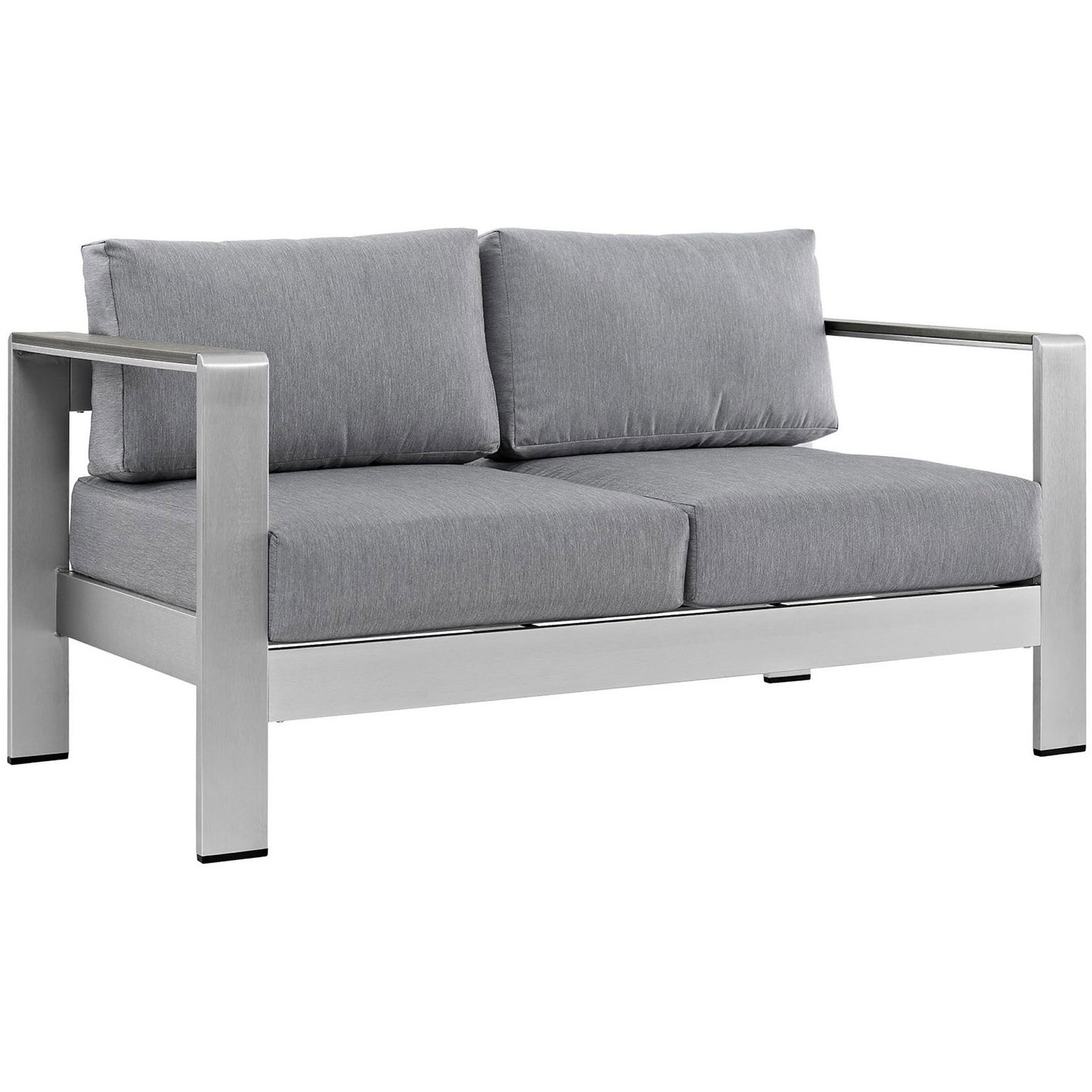 Silver aluminum outdoor loveseat with thick gray seat and back cushions for two-person comfort || EEI-2267-SLV-GRY || front_angle_studio