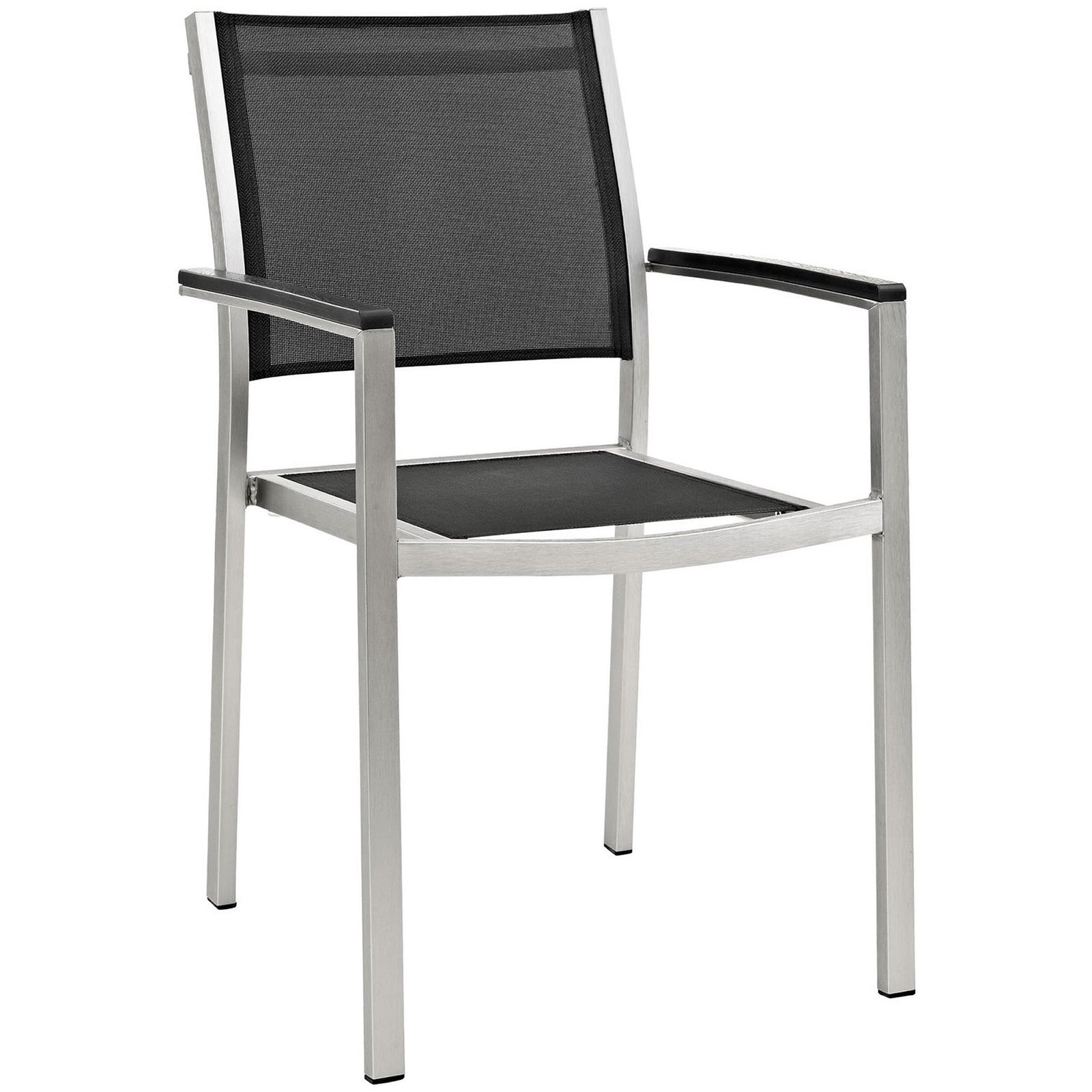 Black mesh patio armchair with sleek silver aluminum frame and slim arm pads. || EEI-2272-SLV-BLK || front_angle_studio