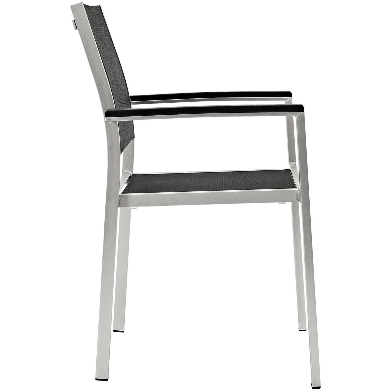 Side profile of the Shore armchair showing contoured mesh seat and straight metal legs. || EEI-2272-SLV-BLK || side_studio