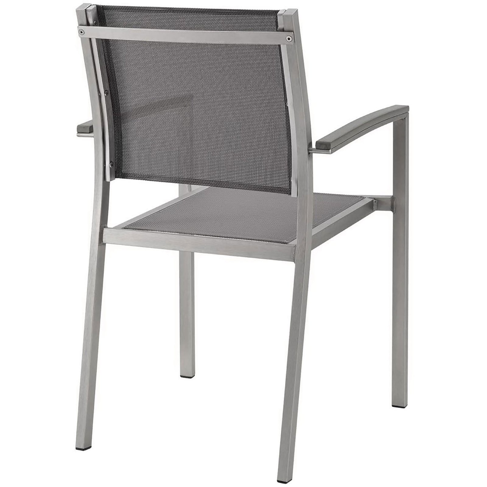 Rear view of gray mesh outdoor dining chair with sturdy silver aluminum frame. || EEI-2272-SLV-GRY || back_studio
