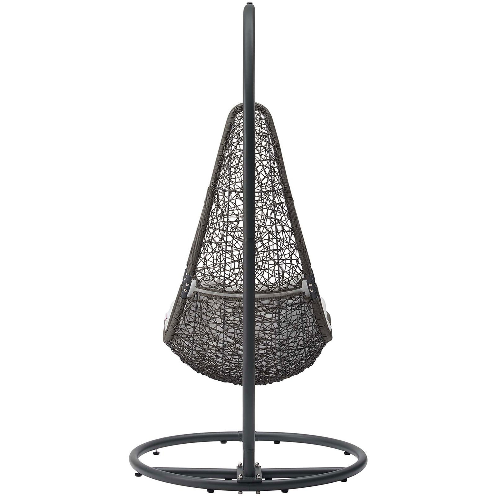 Open weave gray rattan backrest and sturdy circular base of the hanging swing chair. || EEI-2276-GRY-WHI-SET || back_studio