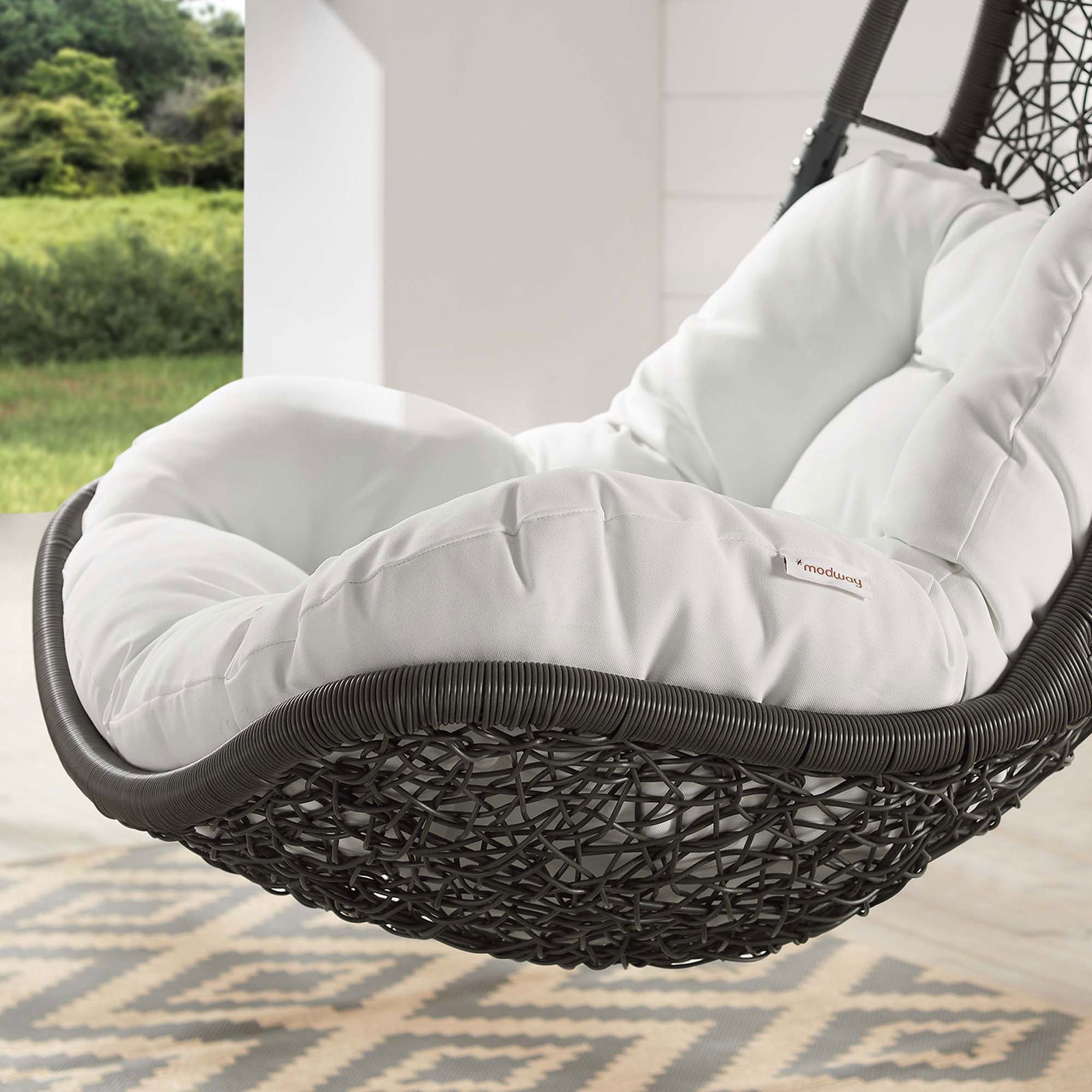 Soft white cushion and dark woven wicker seat bringing lounge ready comfort to your patio. || EEI-2276-GRY-WHI-SET || detail_room