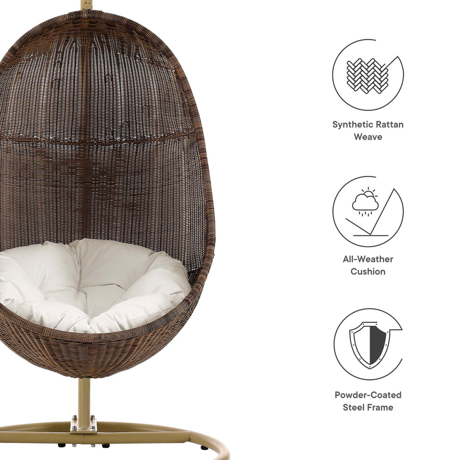 Egg swing chair features synthetic rattan weave, all-weather cushion, and powder-coated steel frame for durability || EEI-2277-YLW-WHI-SET || callout_studio
