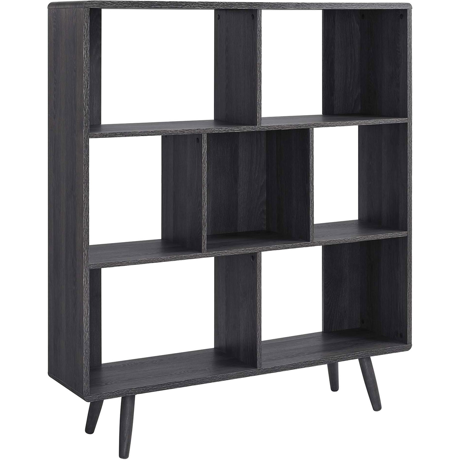 Charcoal wood grain bookcase with seven open cubbies and splayed dowel legs || EEI-2529-CHA || front_angle_studio