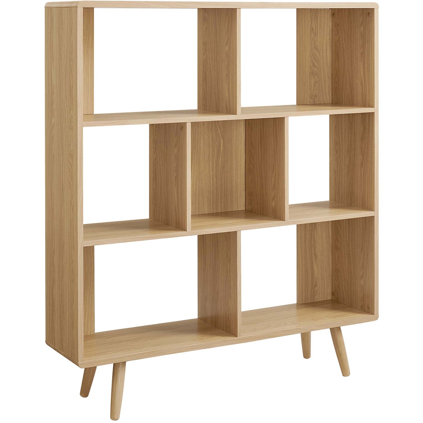 Modern oak bookcase with seven open shelves and splayed dowel legs in a smooth wood grain finish || EEI-2529-OAK || front_angle_studio