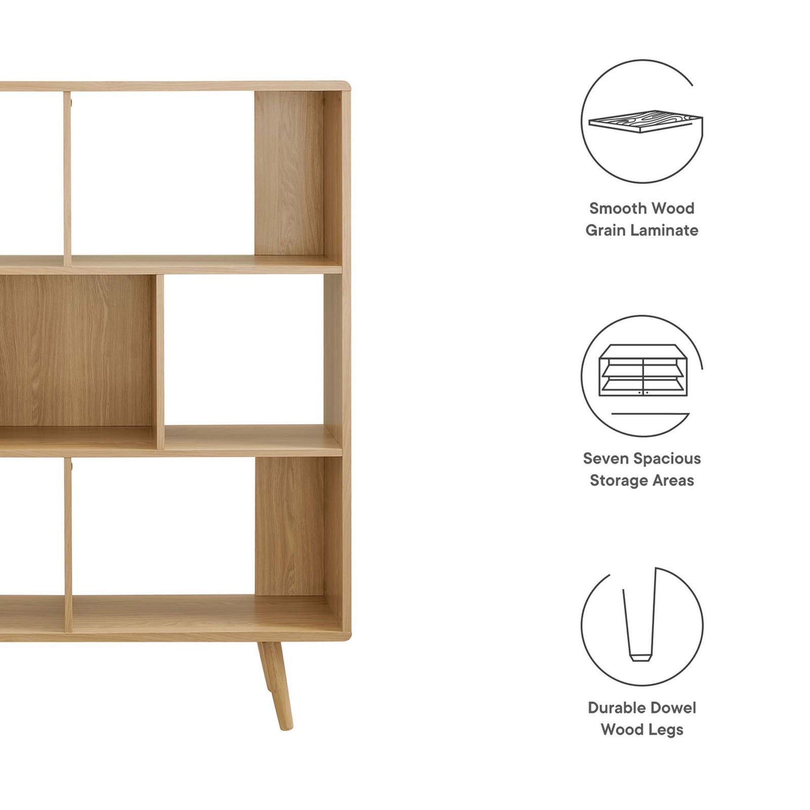 Smooth wood grain laminate, seven spacious storage areas, and durable dowel legs || EEI-2529-OAK || callout_studio