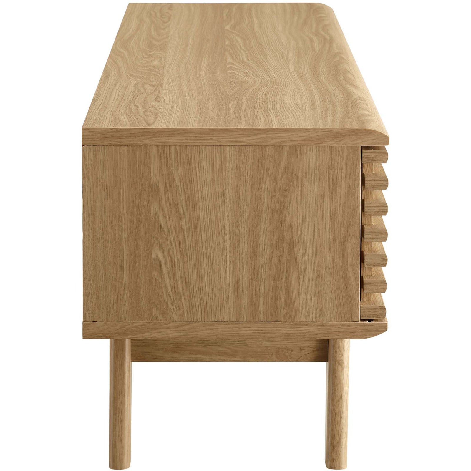 Slim oak TV stand side profile highlighting rounded edges, rich wood grain, and sturdy leg frame || EEI-2539-OAK || side_studio