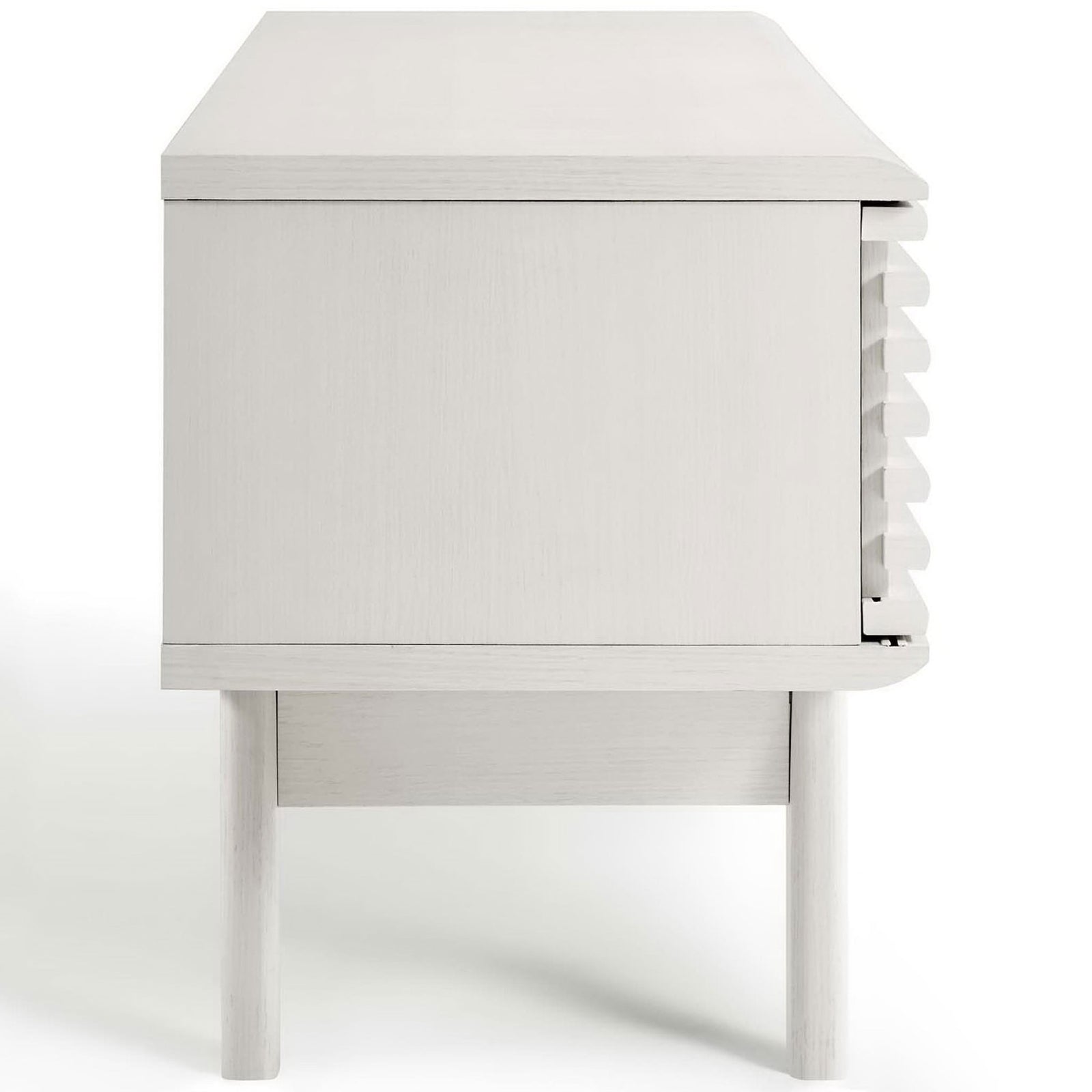 Side profile of white TV stand highlighting slim top and tapered legs || EEI-2541-WHI || side_studio