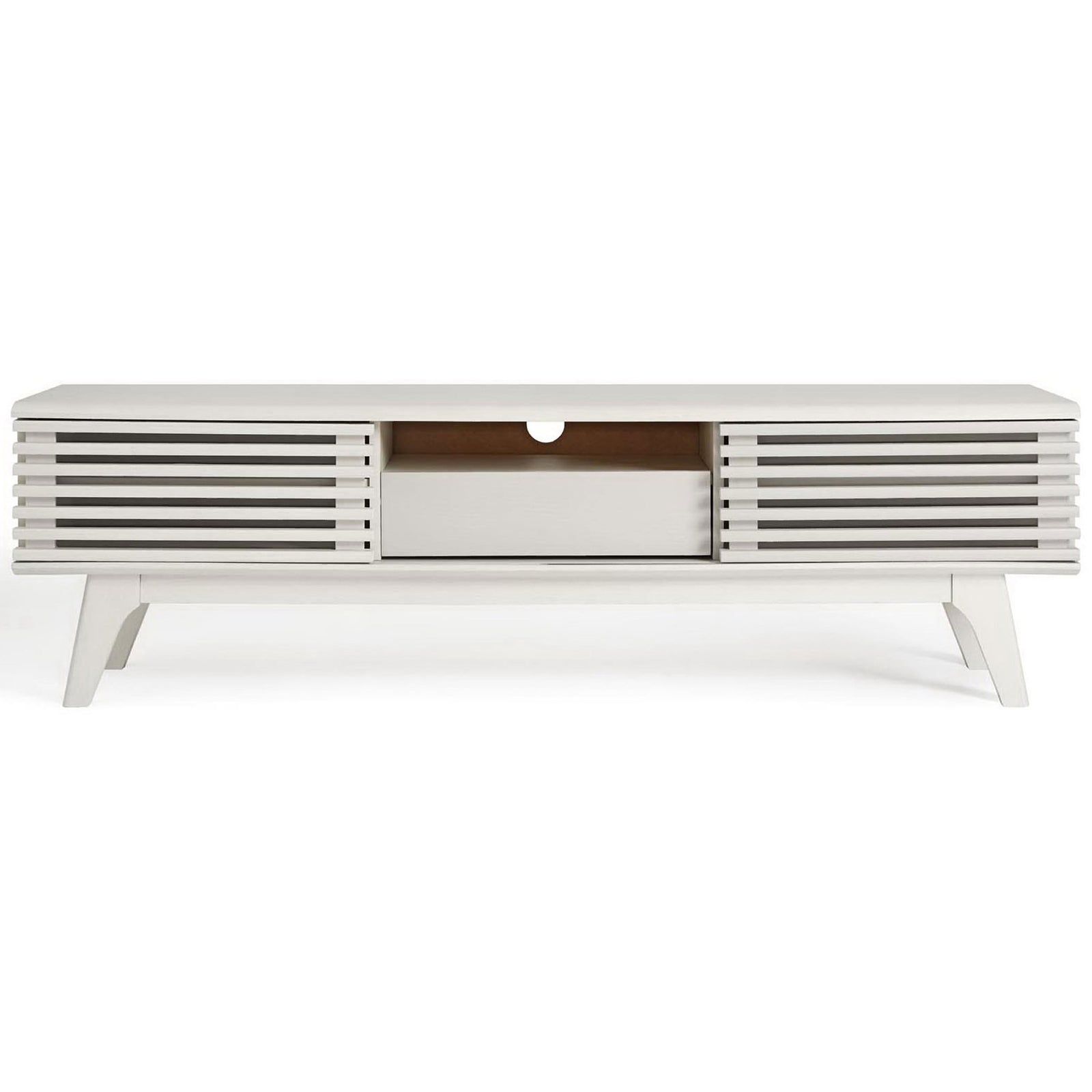White 59" TV stand with slatted doors, center drawer, and clean mid-century silhouette || EEI-2541-WHI || front_studio