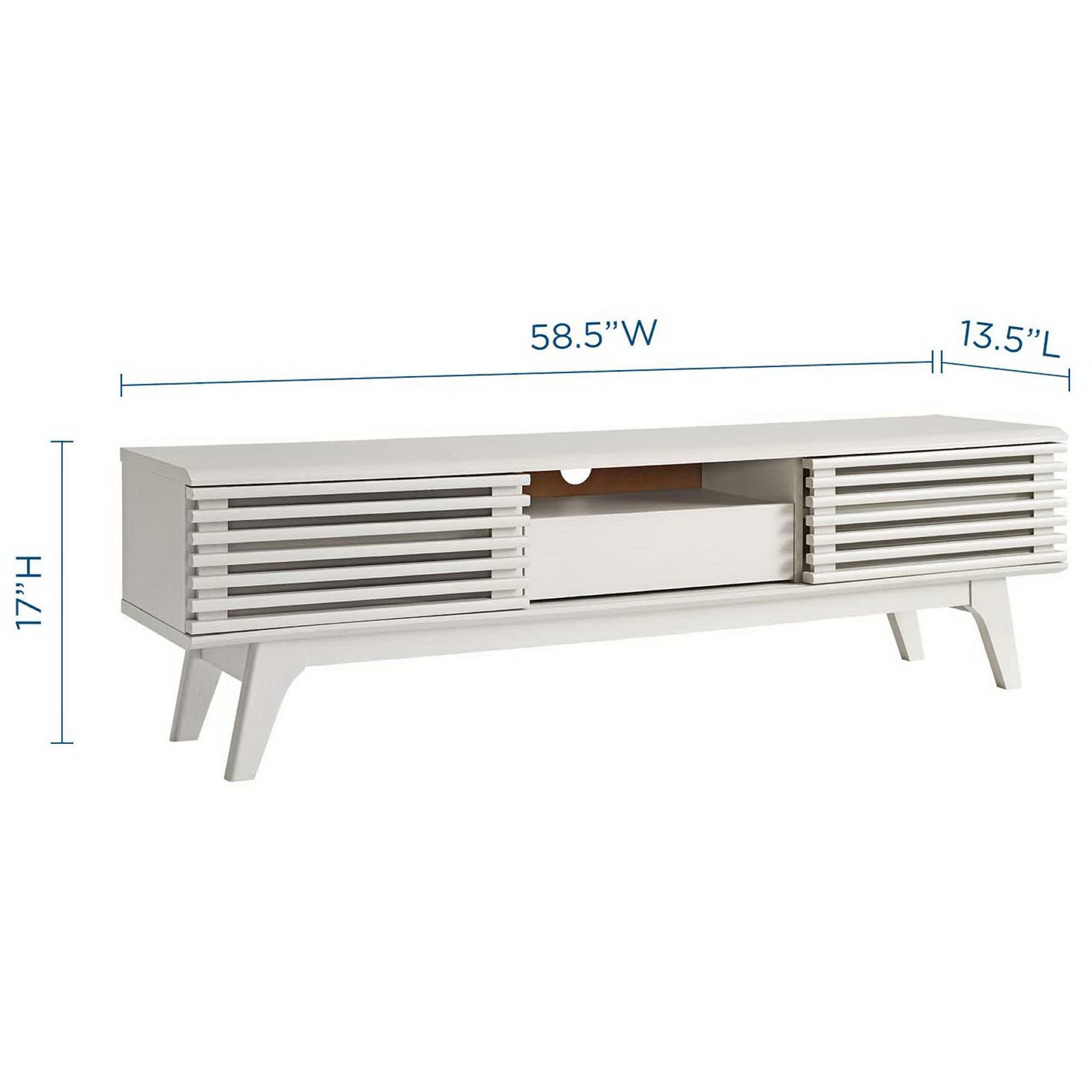 Dimension diagram of white 59" TV stand with width, height, and depth measurements || EEI-2541-WHI || dimension_studio