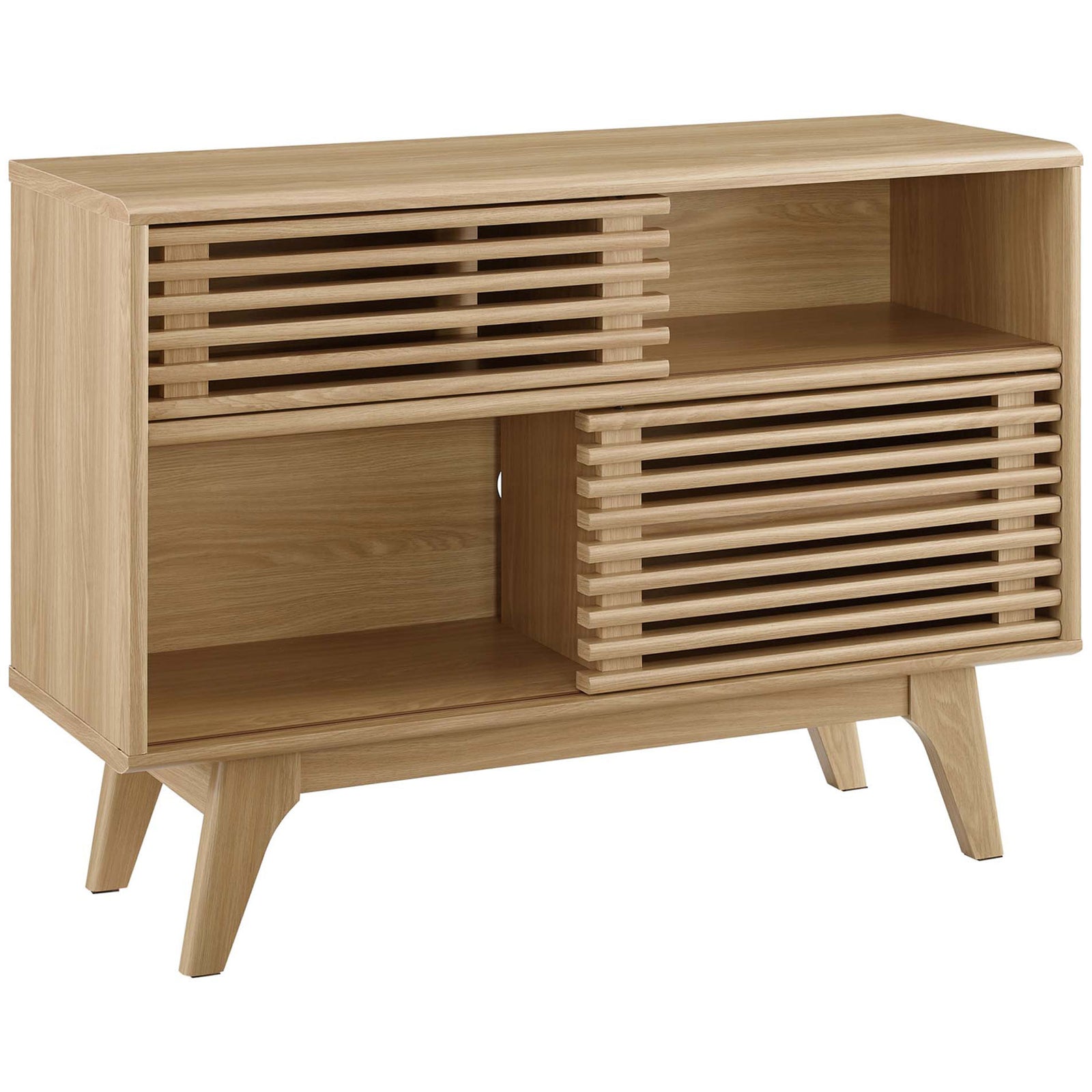 Mid-century oak display stand with dual slatted sliding doors and tapered legs || EEI-2542-OAK || front_angle_studio