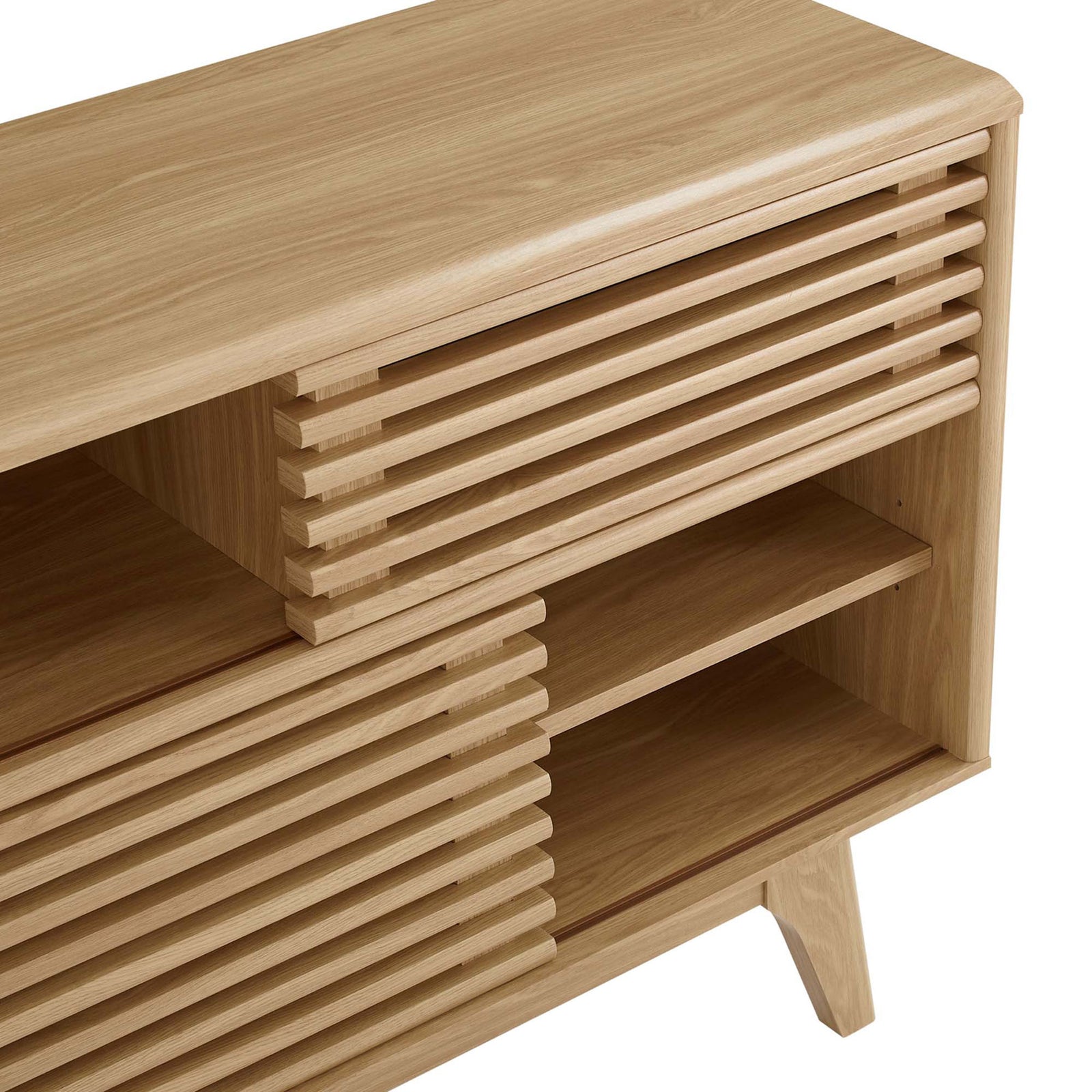 Oak wood grain top and slatted sliding door detail on the display stand || EEI-2542-OAK || detail_studio