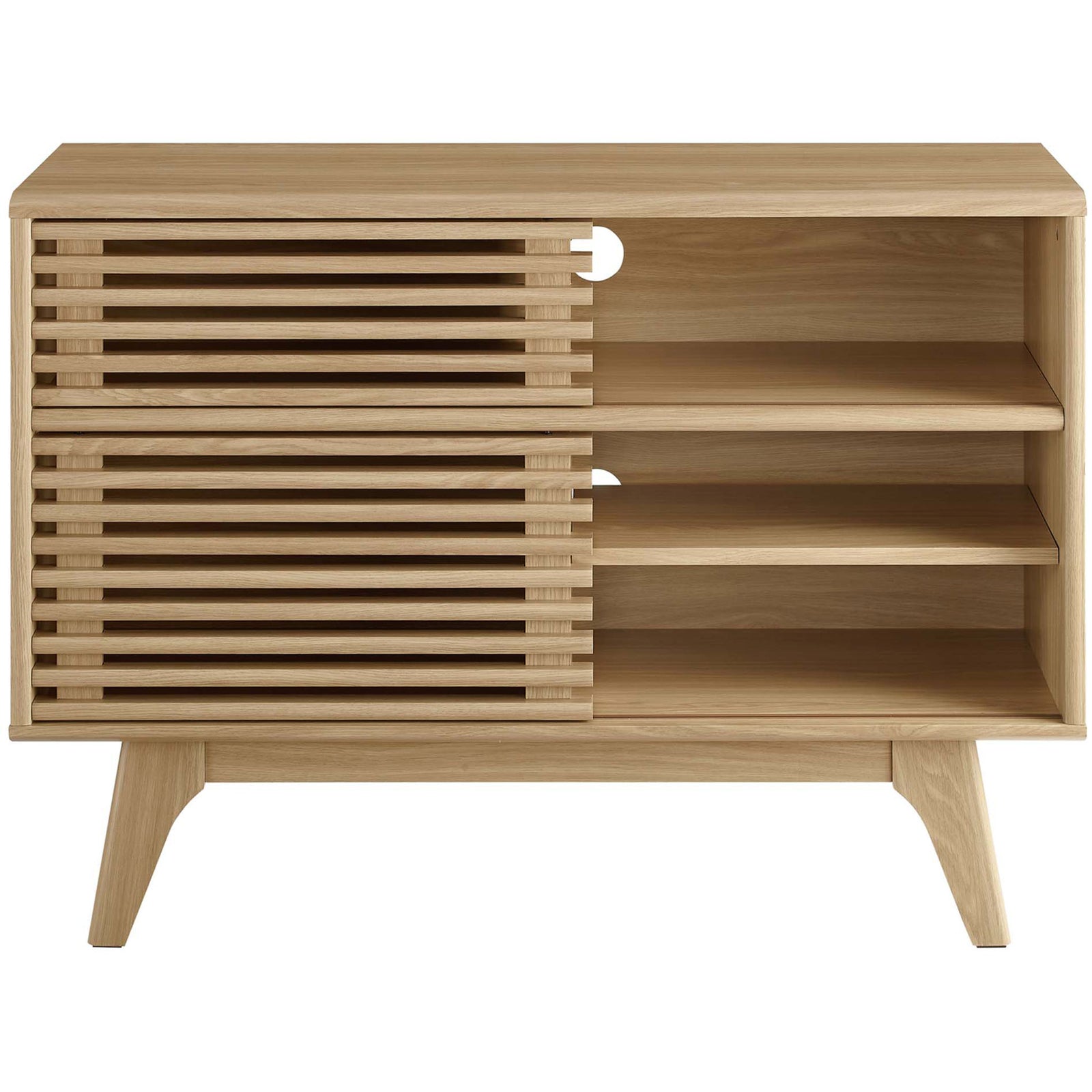Oak display stand with slatted doors opened to show adjustable left-side shelves and storage || EEI-2542-OAK || front_open_studio