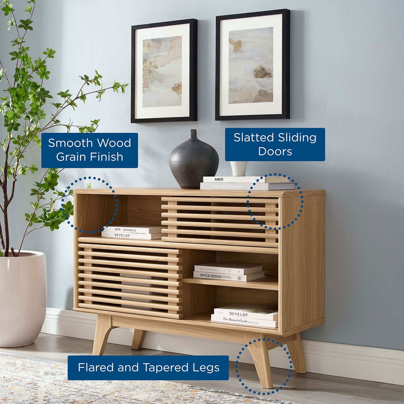 Render oak display stand highlighting smooth wood grain, slatted sliding doors, and tapered legs || EEI-2542-OAK || callout_room